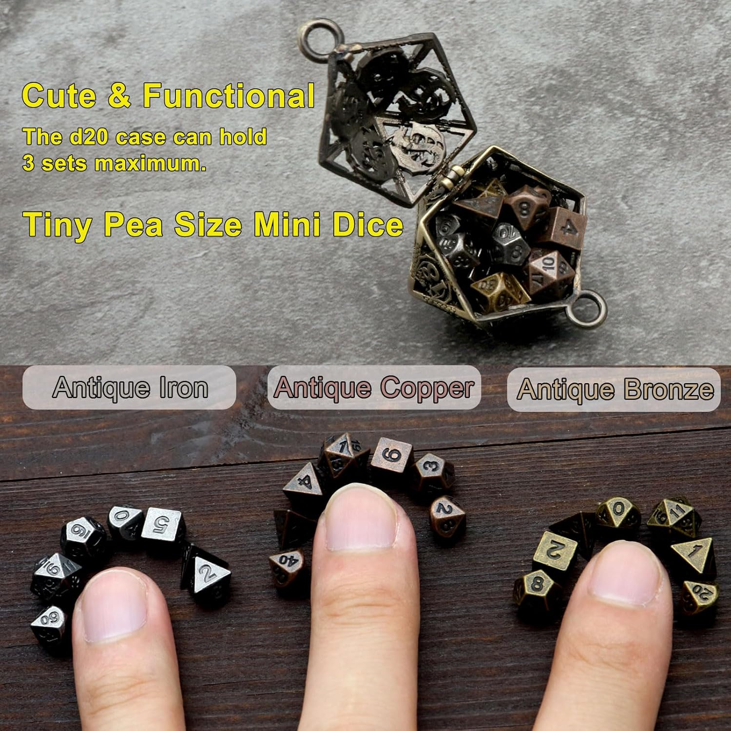 Haxtec Juego de dados pequeños de metal DND con cobre hueco D20, collar D20, juego de dados pequeños antiguos, llavero D&D, portátil, 7 piezas
