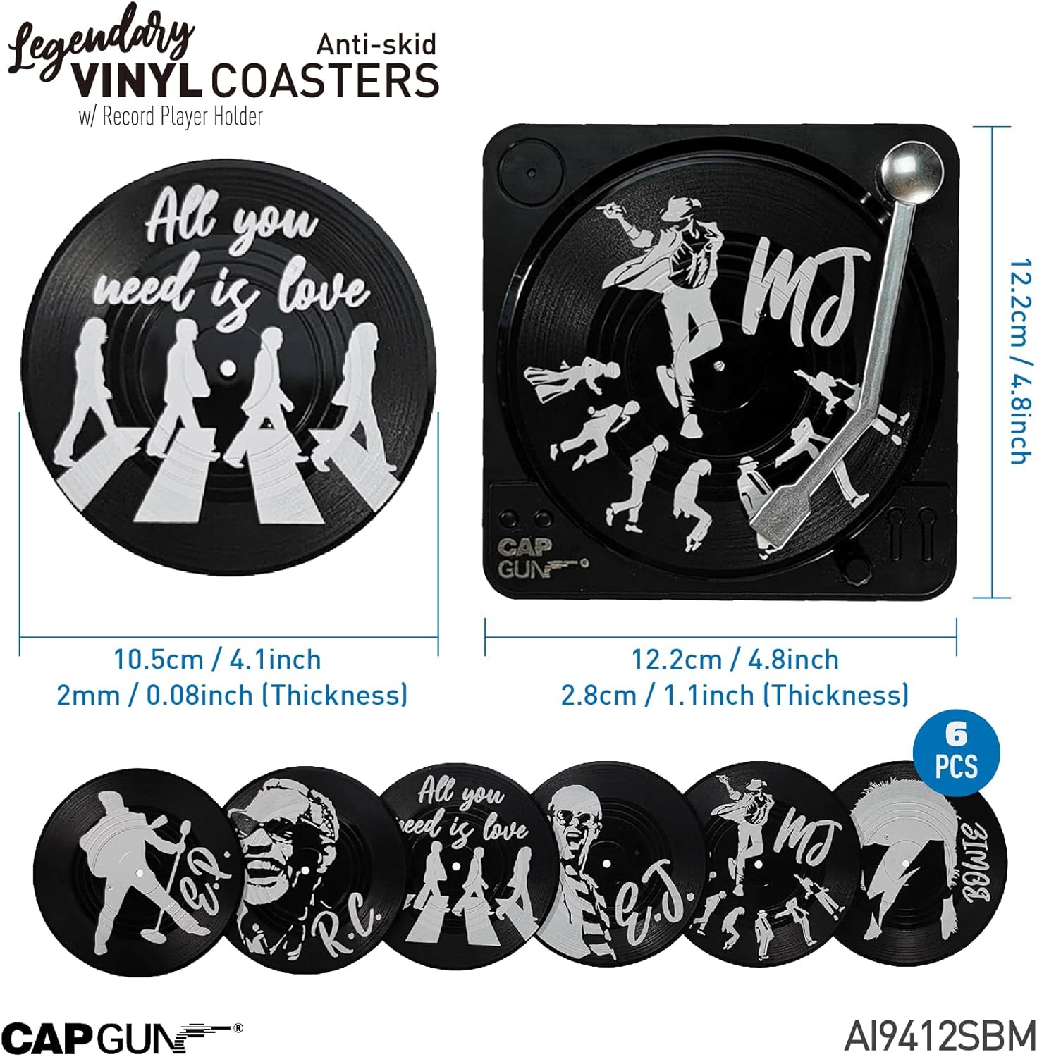 Divertidos posavasos retro para bebidas de café con soporte para reproductor de vinilo, juego de 6 posavasos únicos personalizados para inauguración