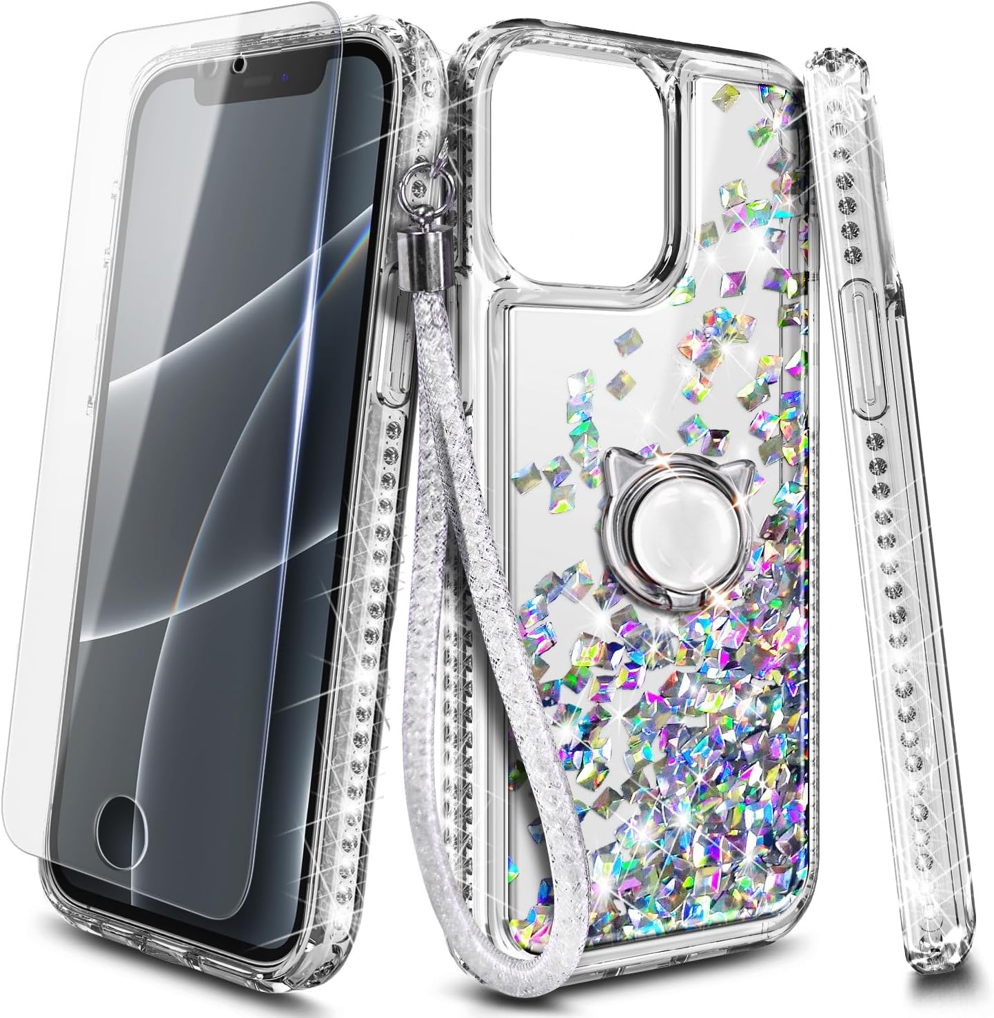 NGB Supremacy Funda compatible con iPhone 15 con protector de pantalla de vidrio templado, soporte de anillocorrea de muñeca, brillante con