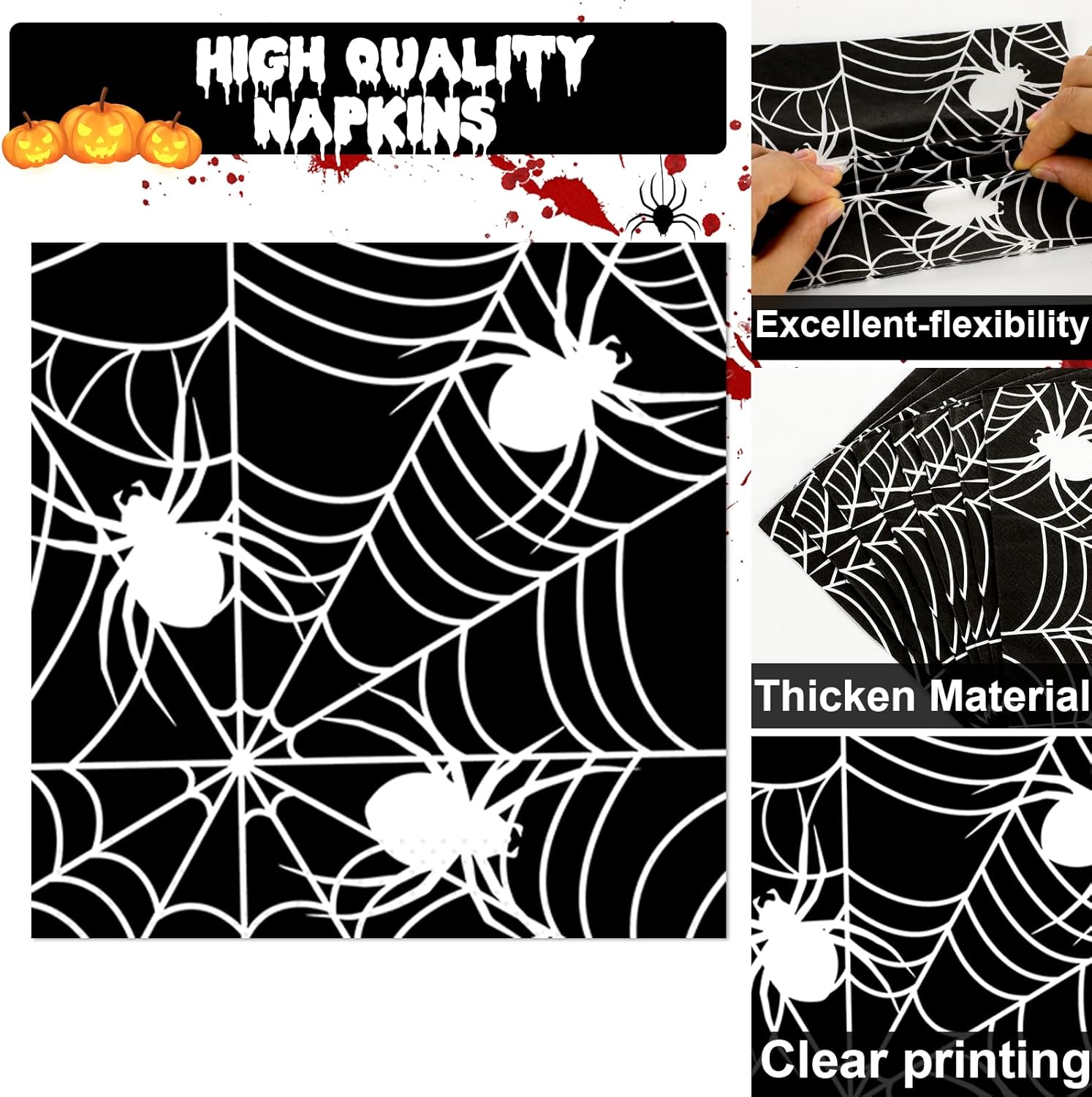 50 platos y servilletas de fiesta de telaraña de Halloween, suministros para fiesta, juego de vajilla de fiesta de telaraña, blanco y negro,
