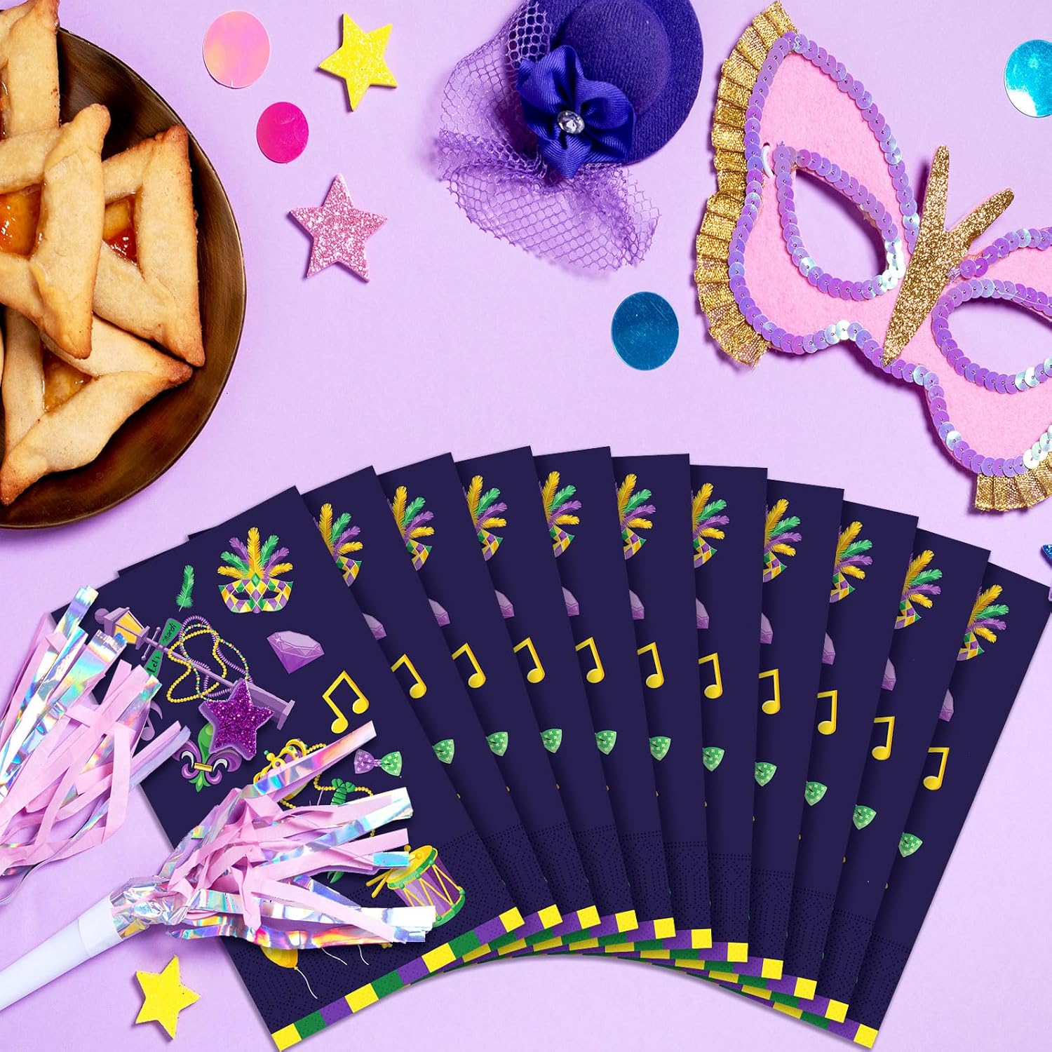 Yeaqee 200 servilletas de papel de Mardi Gras de 2 capas desechables de mano para invitados, máscara de corona de Mardi Gras, sombrero, globo, baño,