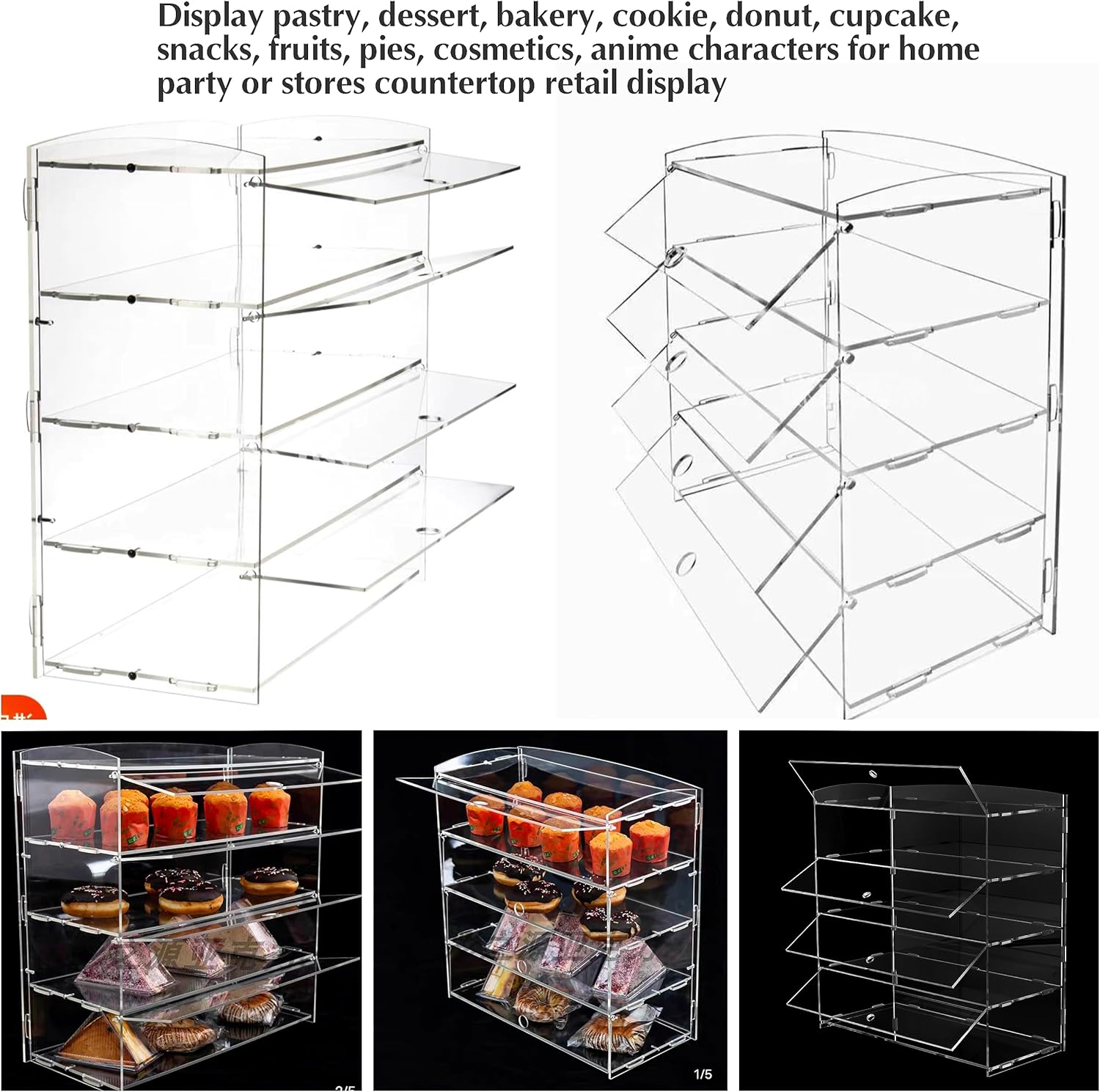 Vitrina de pastelería de 5 niveles para mostrador de panadería y pastelería de acrílico transparente, caja de exhibición de galletas de postre de