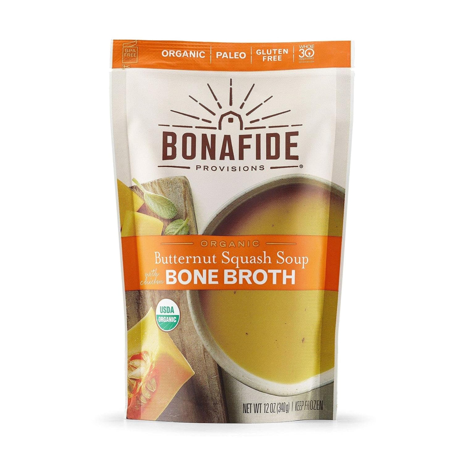 Bonafide Provisions Sopa fresca de calabaza orgánica y orgánica, congelada, 12 onzas líquidas, sin gluten, paleo sin granos, aprobado por Keto y