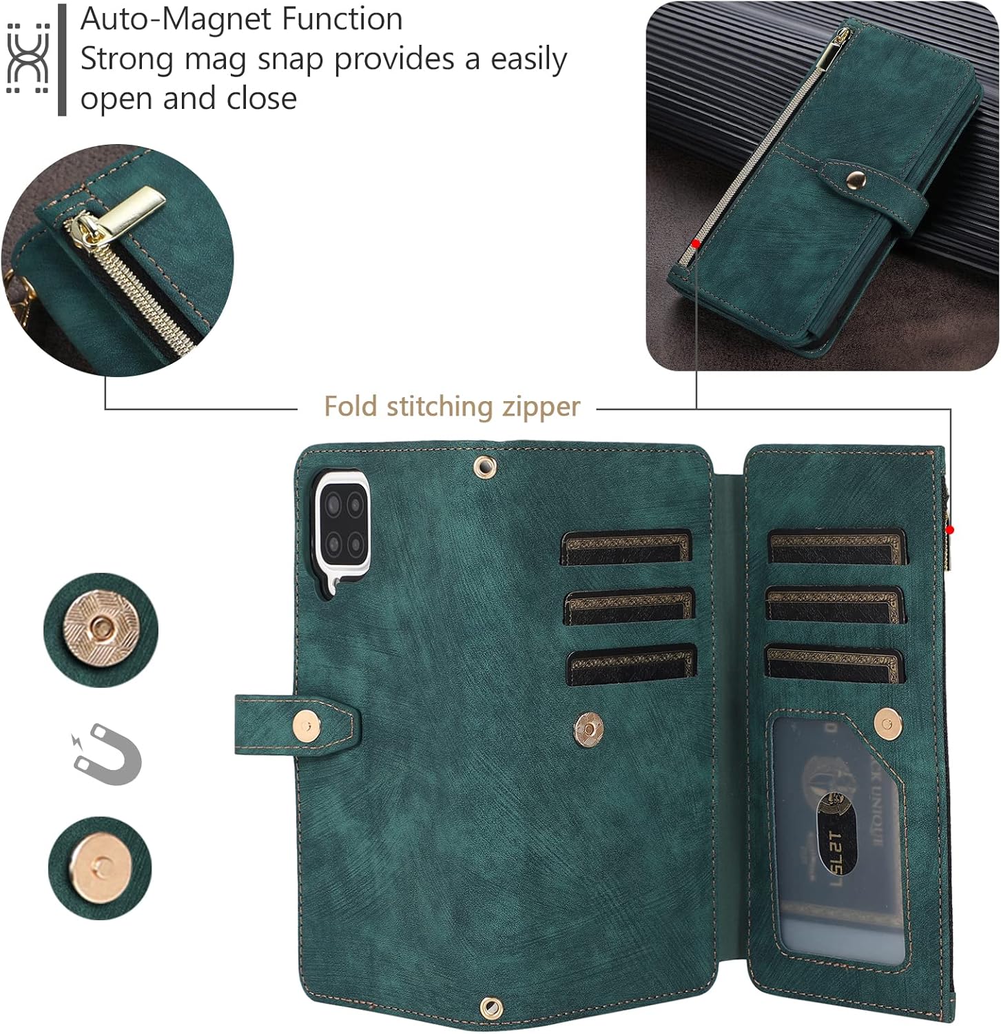 UEEBAI Funda para Samsung Galaxy A12 5GSamsung Galaxy M12, 9 ranuras para tarjetas Cartera de cuero a prueba de golpes Flip Cover con correa de mano