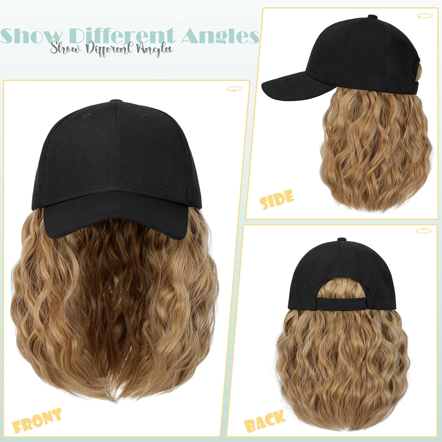 Lansigreen Peluca de gorra de béisbol para mujer, gorra de béisbol con extensiones de cabello, gorra ajustable adjunta de 15 pulgadas, peluca