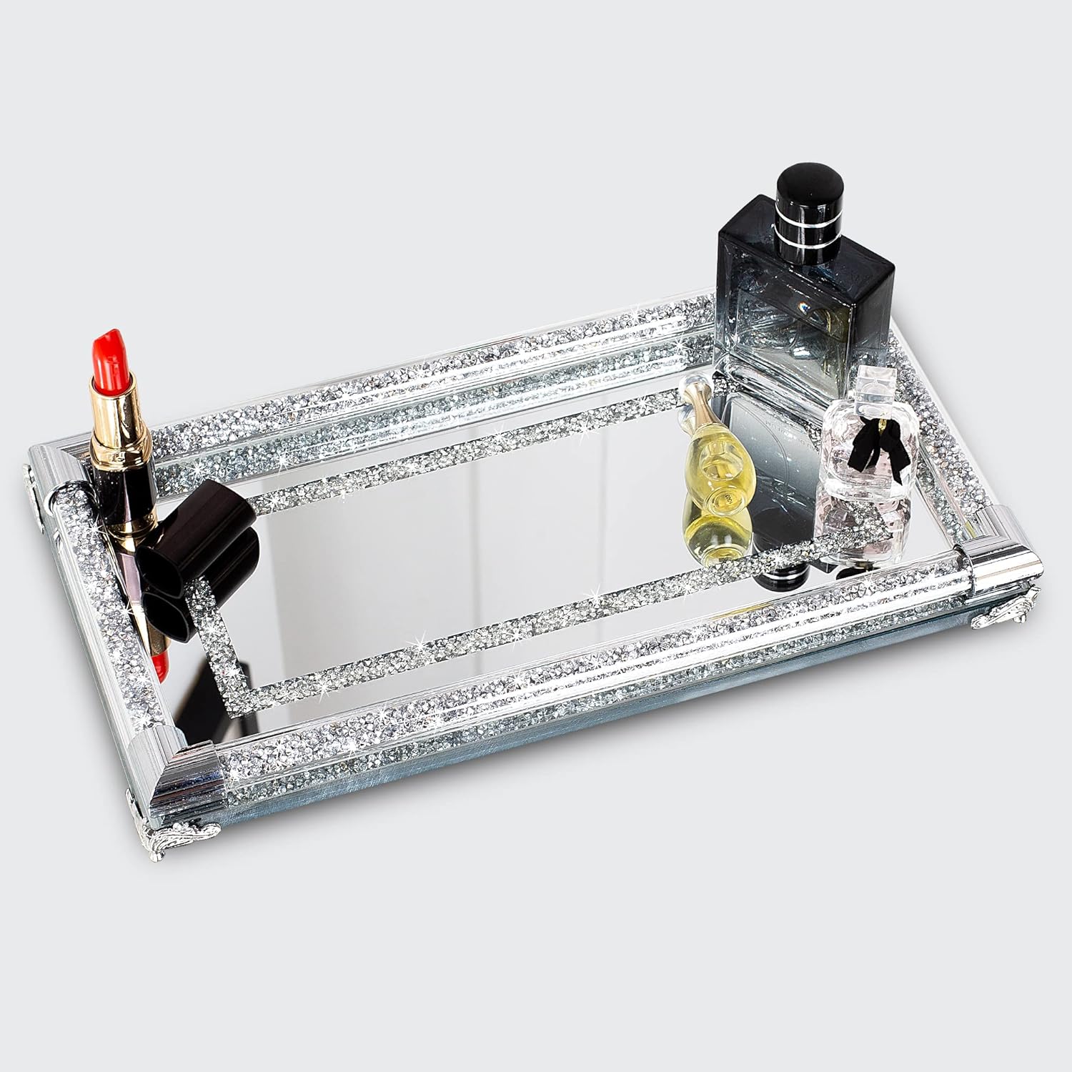SHYFOY Bandeja de tocador de perfume de espejo plateado de 12.5 pulgadas, bandeja decorativa de cristal triturado, bandeja decorativa rectangular de