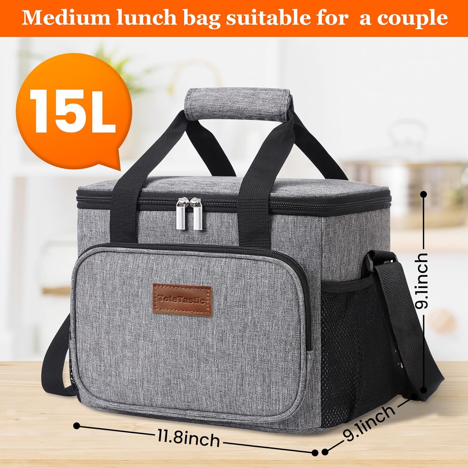Lonchera reutilizable aislada para mujereshombres, bolsa de almuerzo a prueba de fugas con correa ajustable para el hombro, bolsillo frontal con