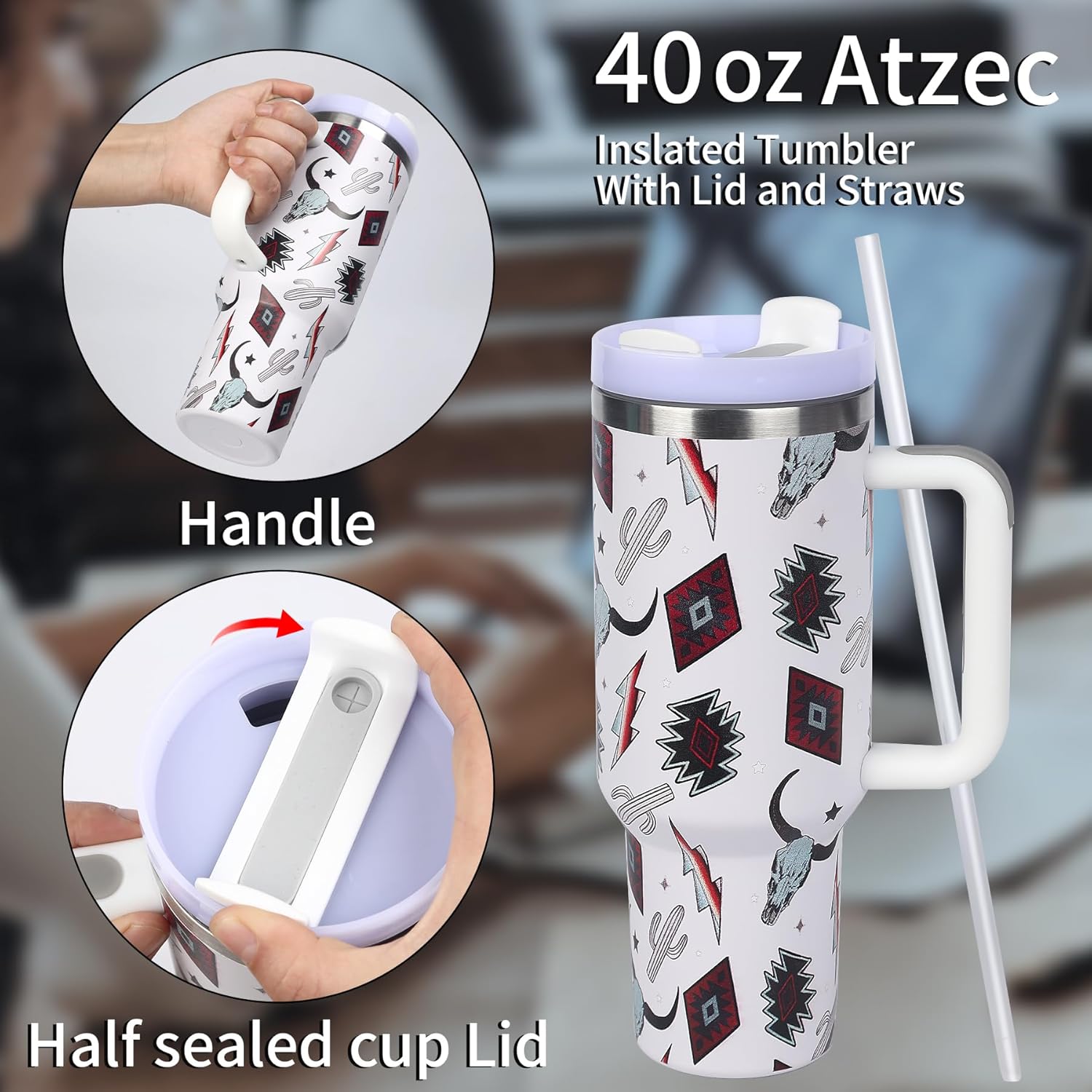 Atzec – Vaso aislado de 40 onzas con tapa y popotes, vaso de café de acero inoxidable con asa, doble vacío a prueba de fugas, taza de café, botella