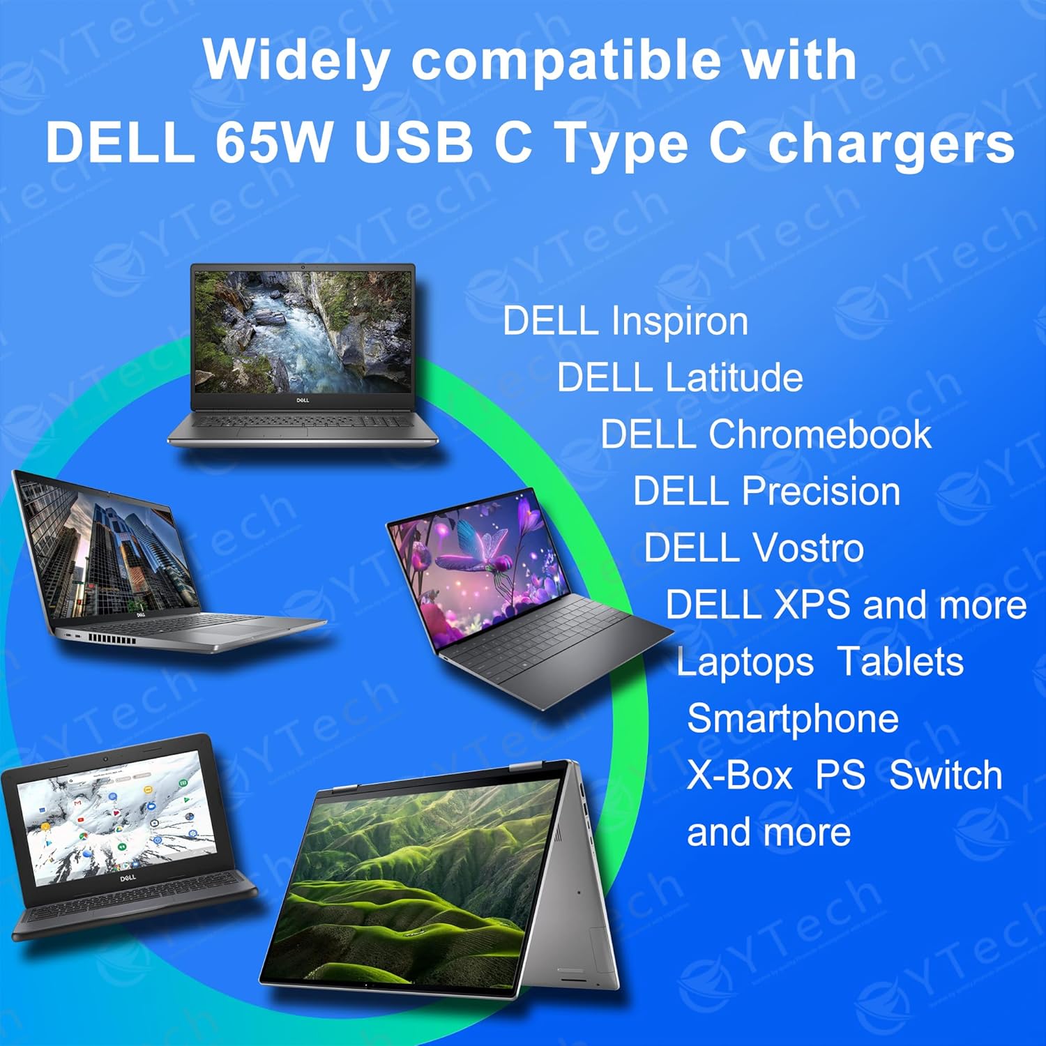 Cargador para portátil USB C resistente y delgado de 65 W compatible con Dell XPS 12 13, Chromebook 11 14, Latitude 3000 5000 Series, Dell Laptop