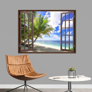 IDEA4WALL Murales de pared para dormitorio, ventana falsa de playa, ventana marrón, papel tapiz extraíble, calcomanías de pared para despegar y IDEA4WALL Murales de pared para dormitorio, ventana falsa de playa, ventana marrón, papel tapiz extraíble, calcomanías de pared para despegar y