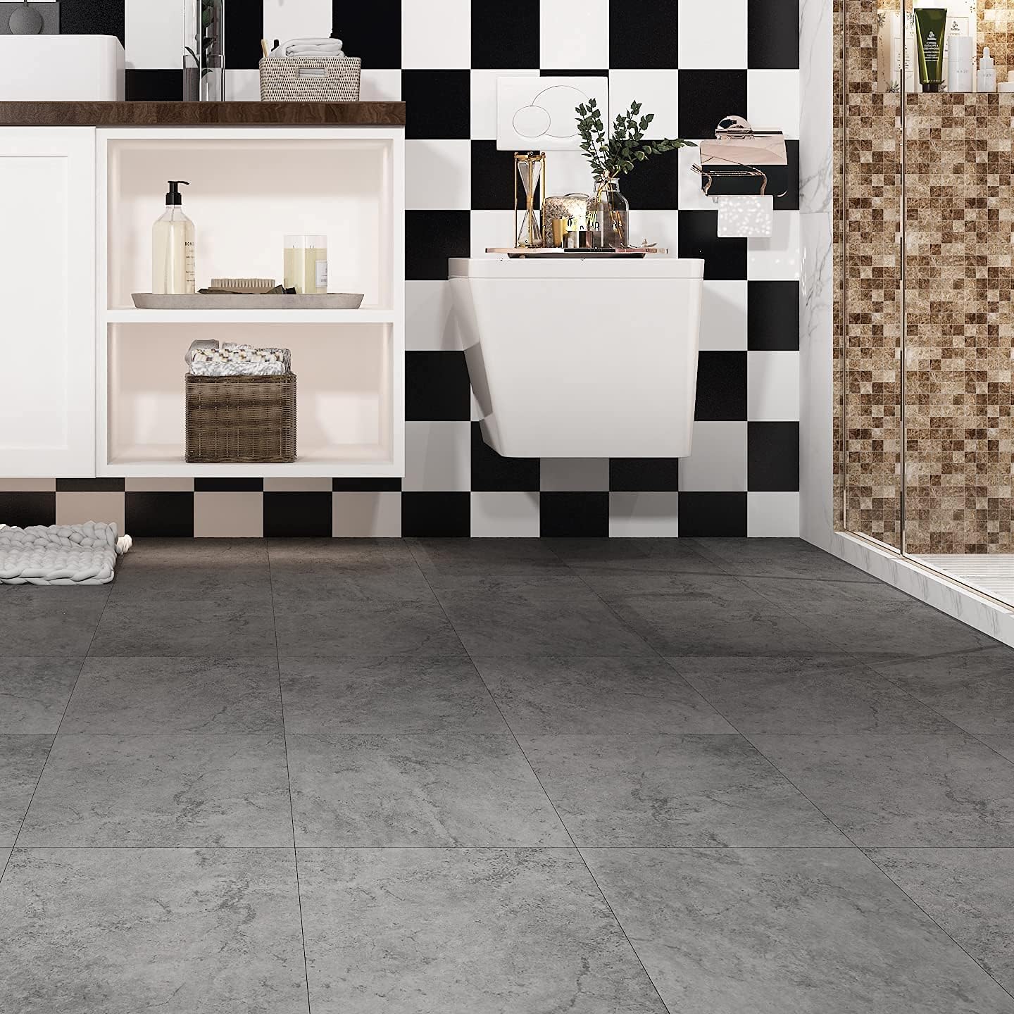 Livelynine 16-Pack Grey Slate Flooring Peel and Stick Floor Tile Waterproof Vinyl Flooring Sheet Self Adhesive Floor Tiles for Bathroom Laminate