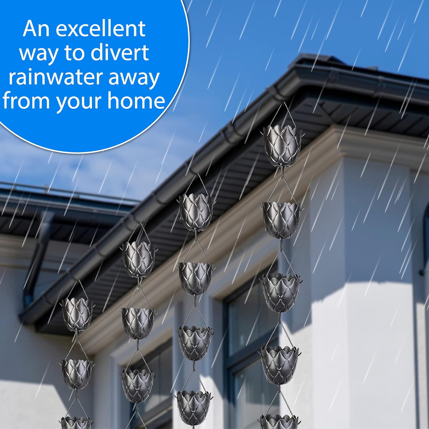 Cadena de lluvia de 8.5 pies de longitud – Recambio funcional y decorativo para canaletas – Colector de canaletas de cadena de lluvia – Desviador de