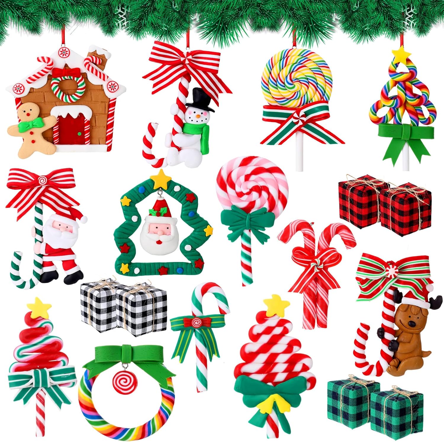 32 adornos de piruleta de Navidad, 16 paletas de arco iris, adornos colgantes de caramelos de Navidad, adornos de arcilla polimérica para decoración