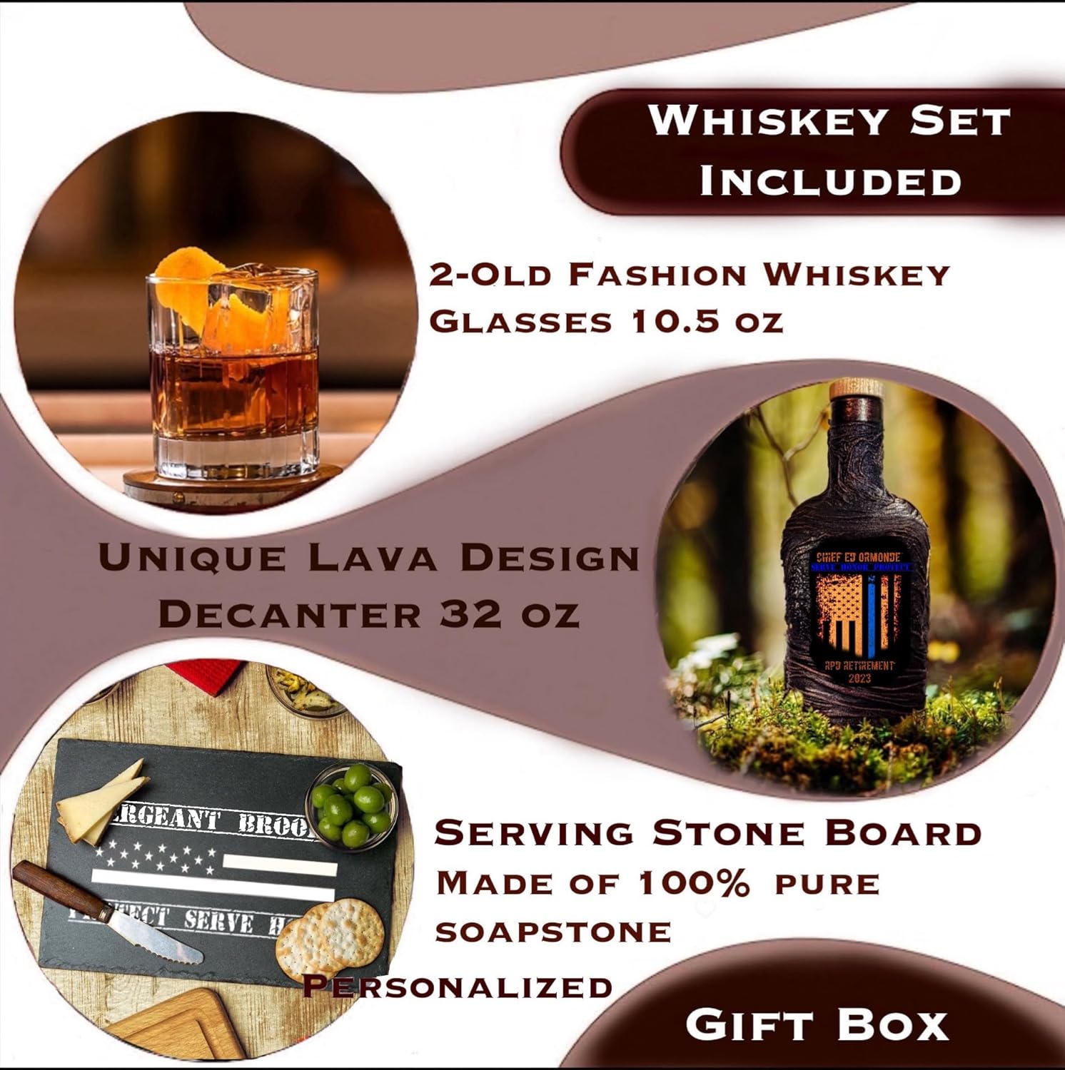 Personalized Police Whiskey Decanter Set for Men, Dad, Officer, Captain, Sergeant – Includes Custom Decanter, Glasses, Serving Board, Gift Box –