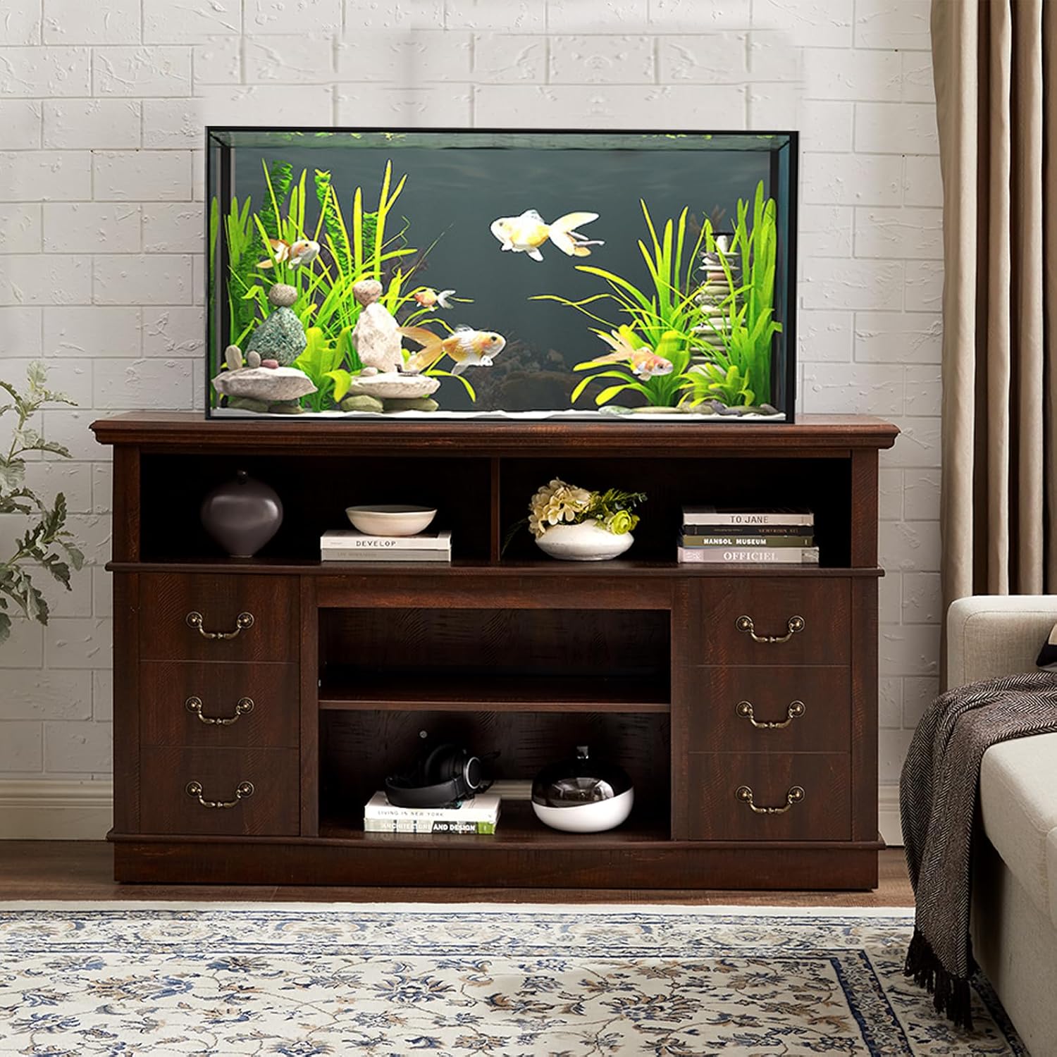 BESTTOONE Soporte para pecera, soporte de acuario de 20 galones con grandes estantes abiertos y agujeros para cables, mesa rústica de granja con 2