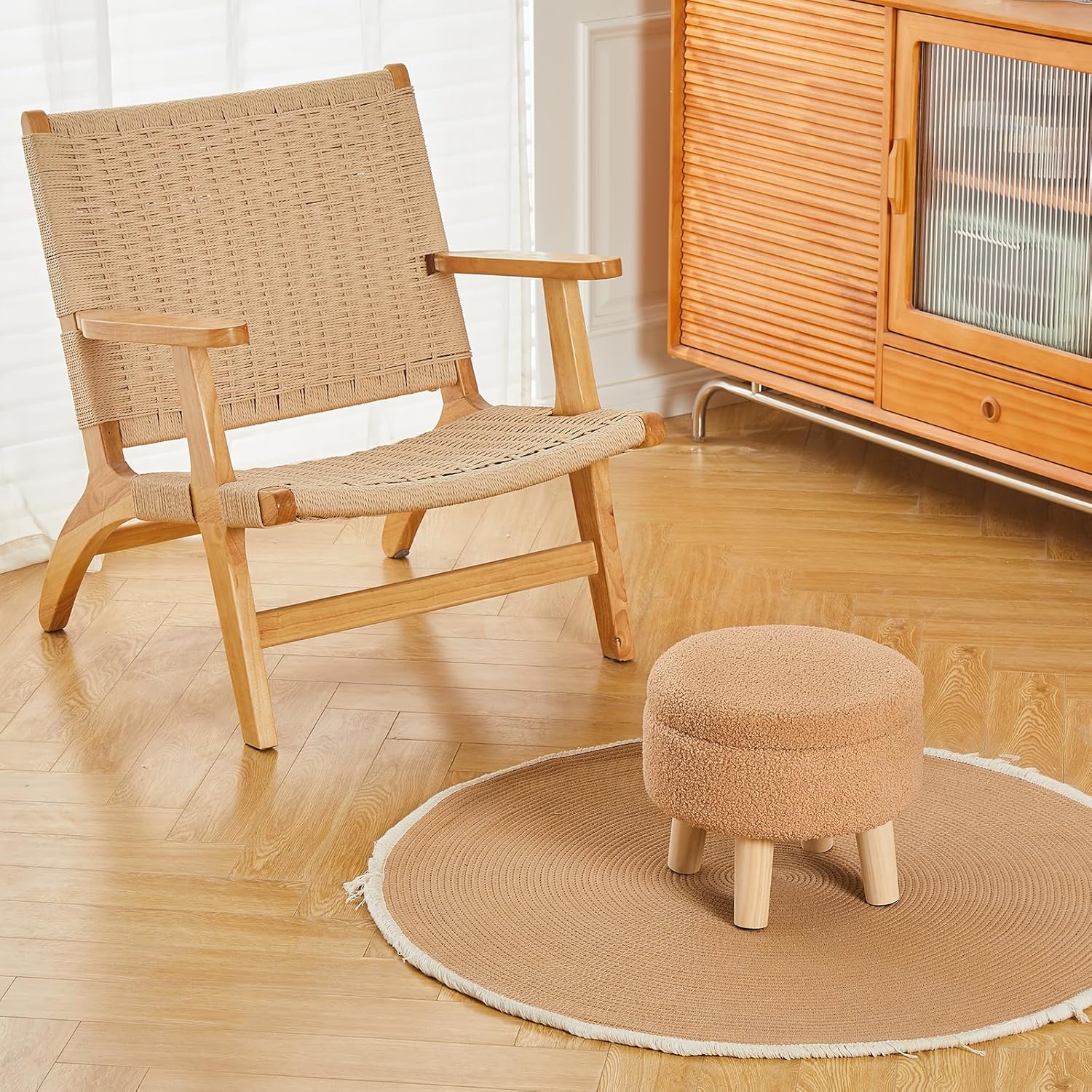 Wimarsbon Otomana de almacenamiento, moderno reposapiés redondo con asiento acolchado suave, reposapiés de terciopelo de peluche con patas de