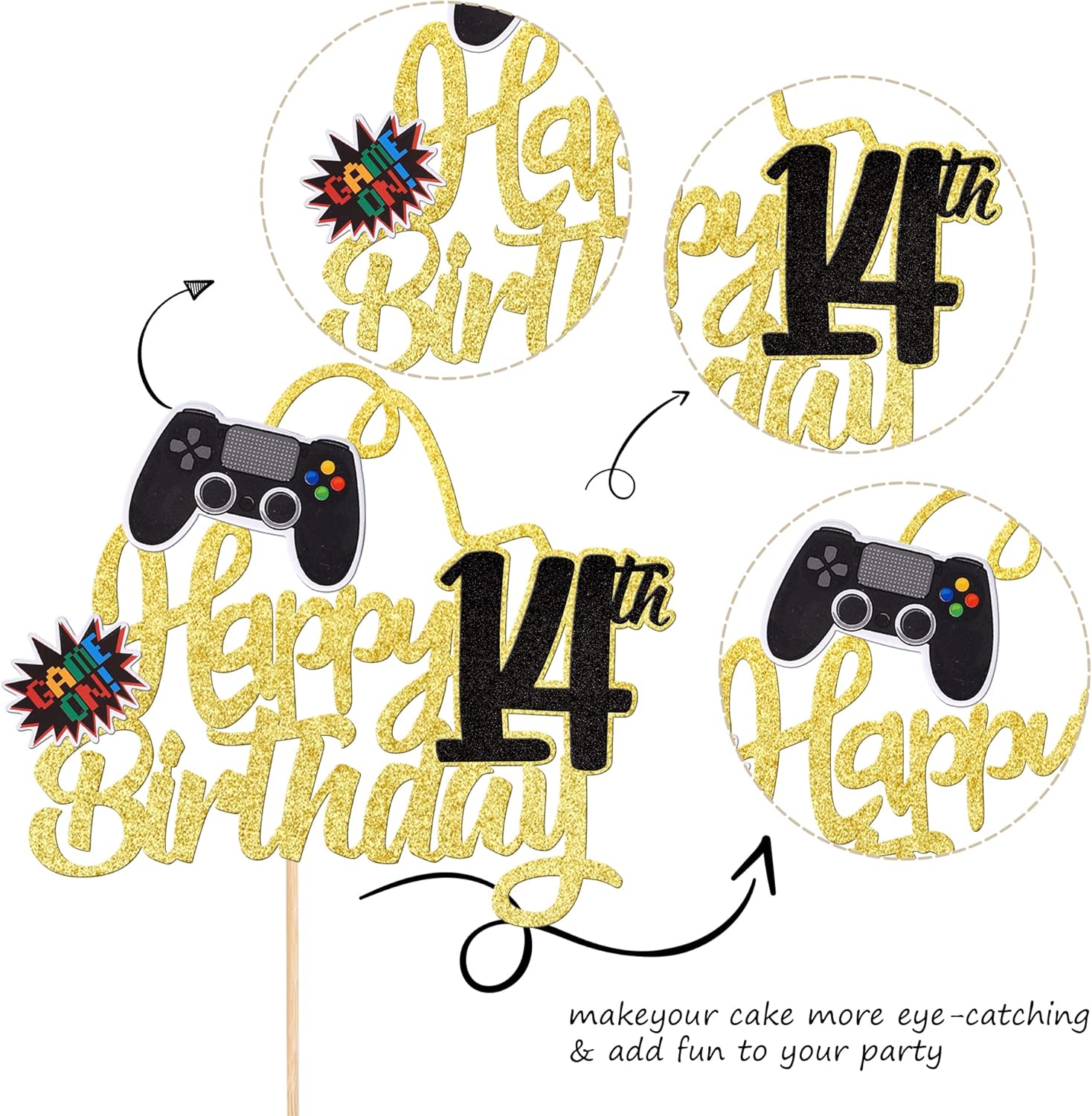 1 pieza de decoración de pastel de feliz cumpleaños 14 con purpurina para videojuegos, juego de selección de pasteles en controladores, catorce