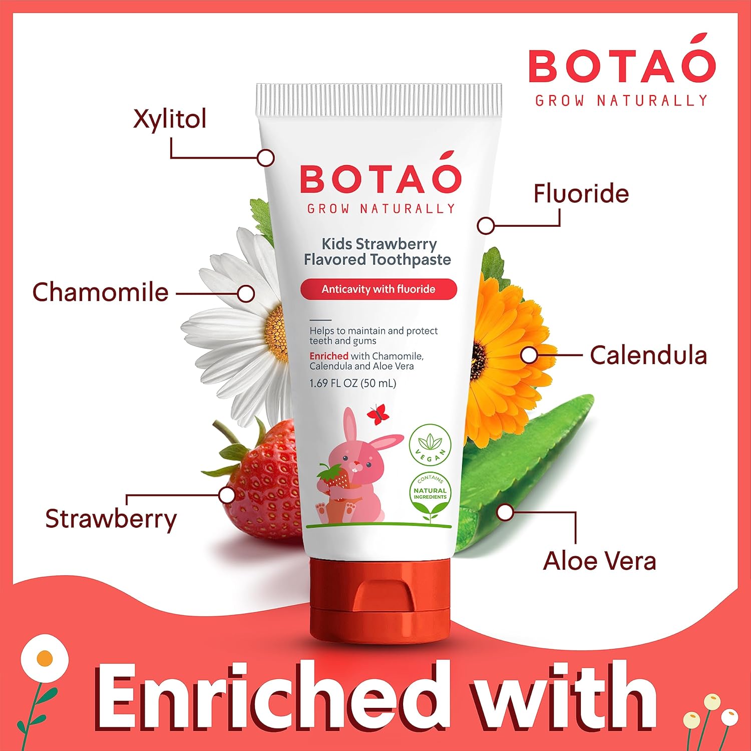 Pasta de dientes para niños, pasta dental anticaries con flúor natural con sabor a fresa, máxima protección de caries, verificada por EWG, vegana,