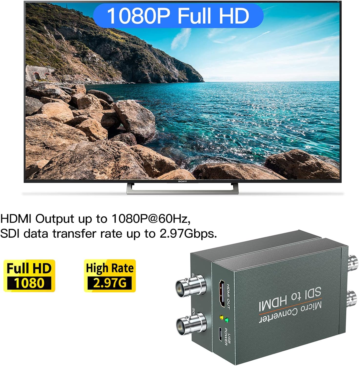 Convertidor SDI a HDMI con salida de bucle SDI, 1080p HD-SDI  3G-SDISD-SDI a HDMI, adaptador BNC a HDMI para proyector de monitor de cámara SDI