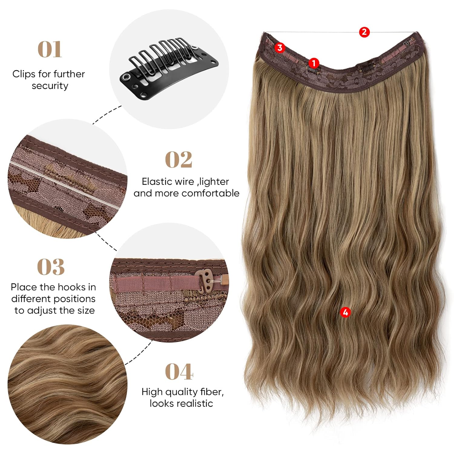 SARLA Extensión de cabello con alambre invisible rubio decolorado con clips, extensión sintética larga de onda de playa con clip para mujer, tamaño