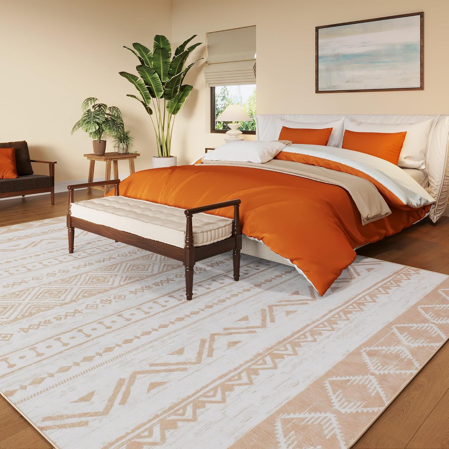 Alfombra de área de 5 x 7 pies, color beige, lavable, para dormitorio, sala de estar, moderna, marroquí, antideslizante, suave, para interiores,