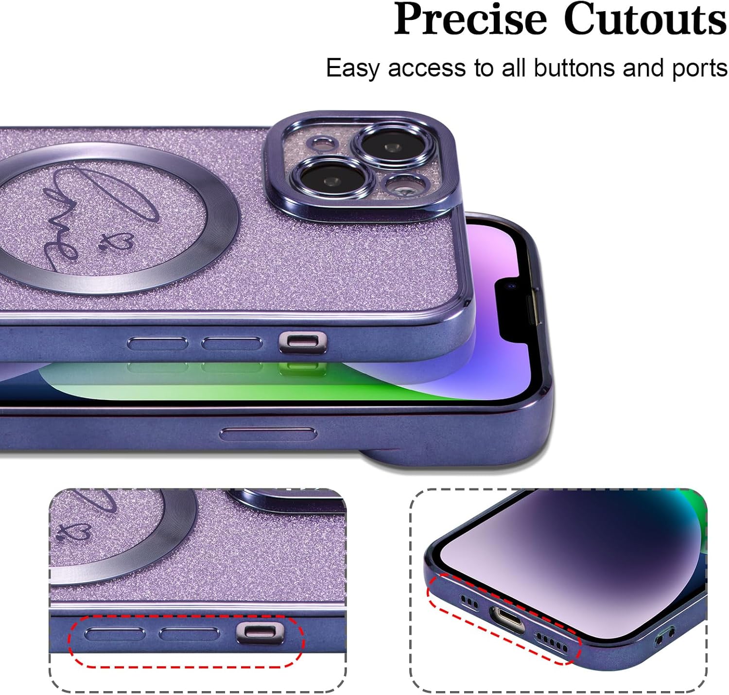 EYZUTAK Funda magnética para iPhone 13, con purpurina brillante de lujo, diseño de corazón chapado en lindo patrón de corazón, compatible con