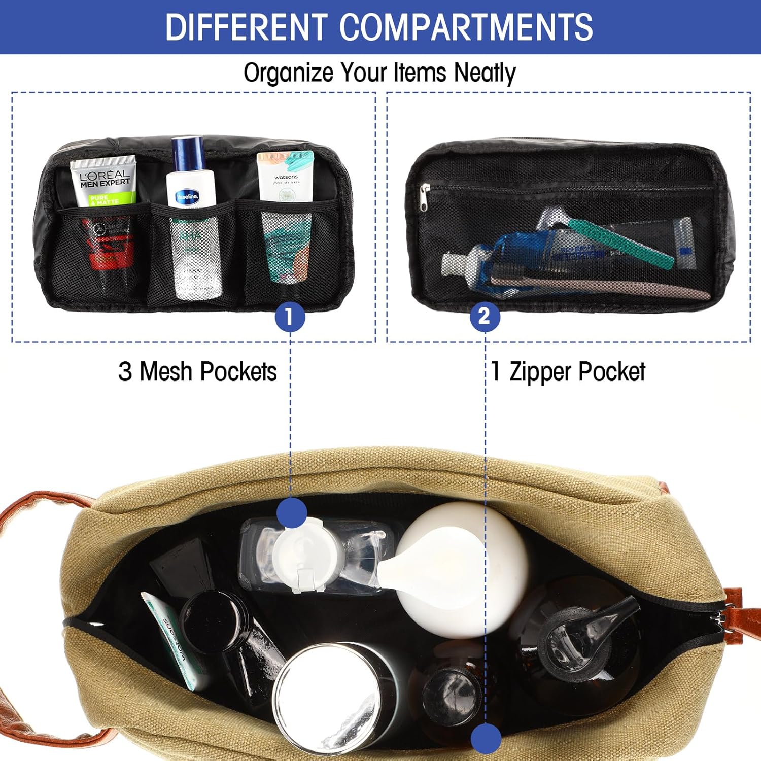 6 bolsas de aseo para hombre para viajar, bolsa de afeitado colgante para hombre, kit de baño a granel, lona y cuero con bolsas de aseo de gran