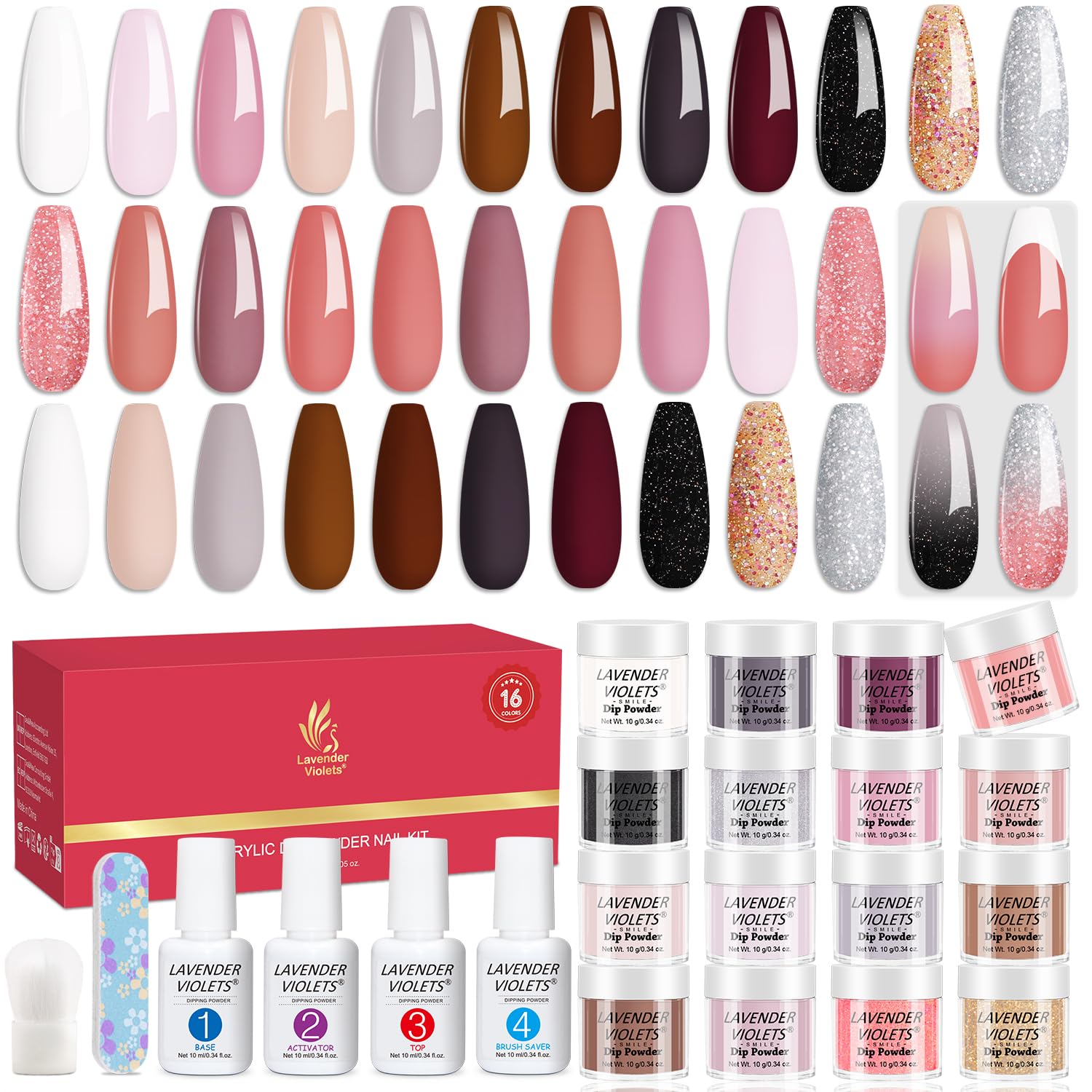 Lavender Violets Kit de 22 piezas de polvo de inmersión para uñas, 16 colores nude rosado marrón tono de piel polvo de inmersión líquido con capa