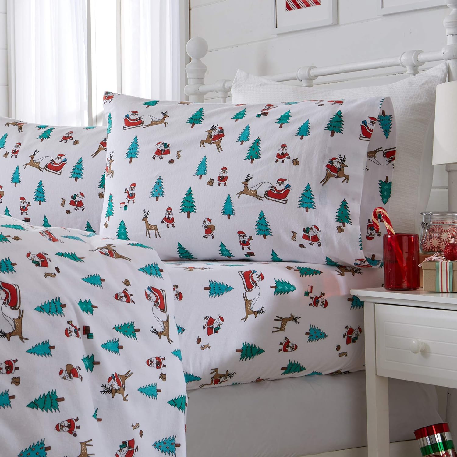 Great Bay Home Juego de sábanas de Navidad de franela de algodón turco 100 %, para niños, bajera con gran caída lateral, suaves, cama cálida,