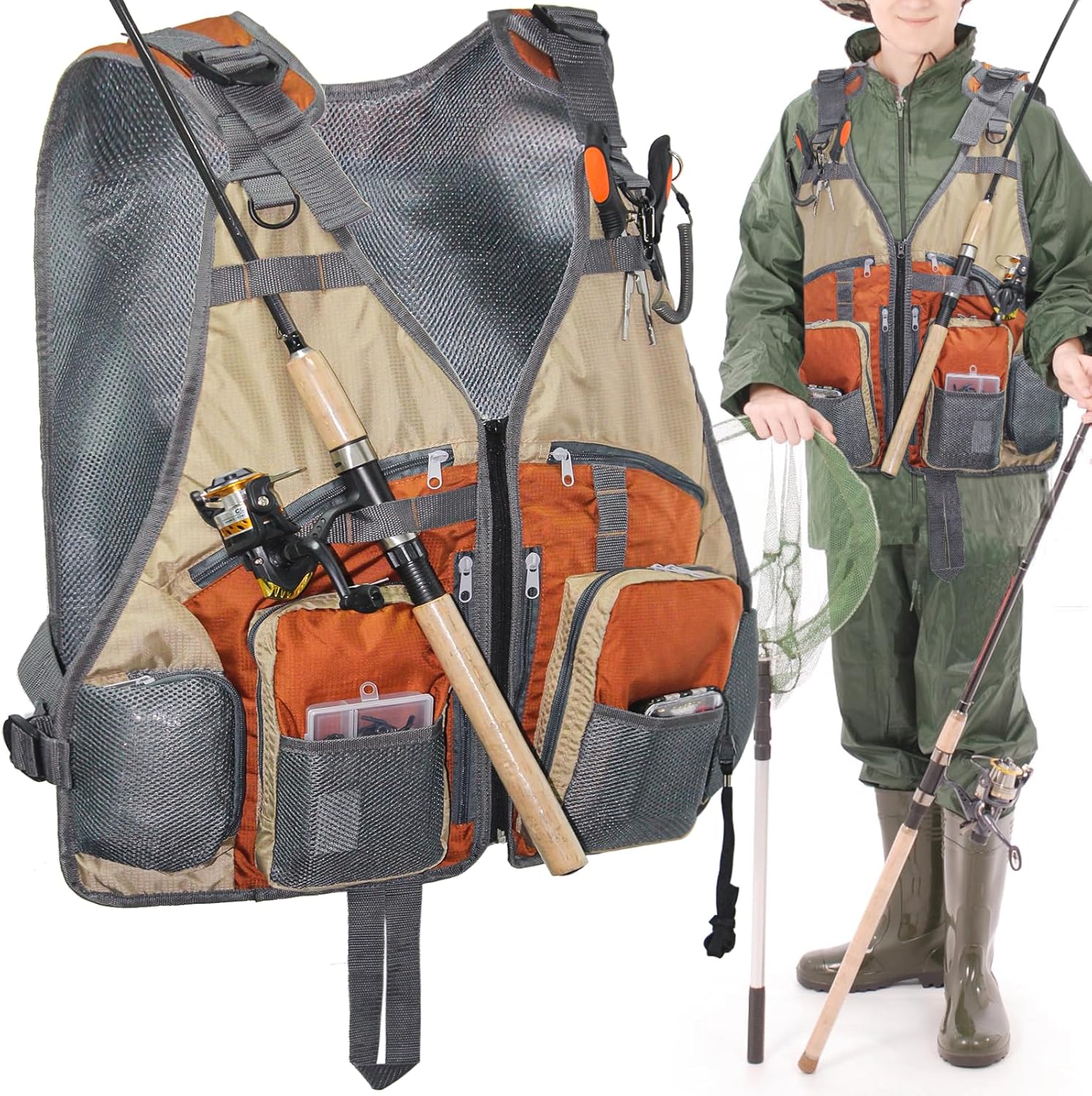 Chaleco de pesca con mosca con múltiples bolsillos, tamaño ajustable para hombres y mujeres, equipo de pesca, chaleco de regalos para acampar y cazar