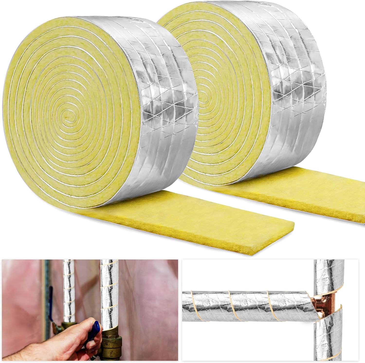 Paquete de 2 envolturas de aislamiento de tubería de fibra de vidrio de 32.8 pies, cinta aislante de espuma de cerámica para tuberías de agua,