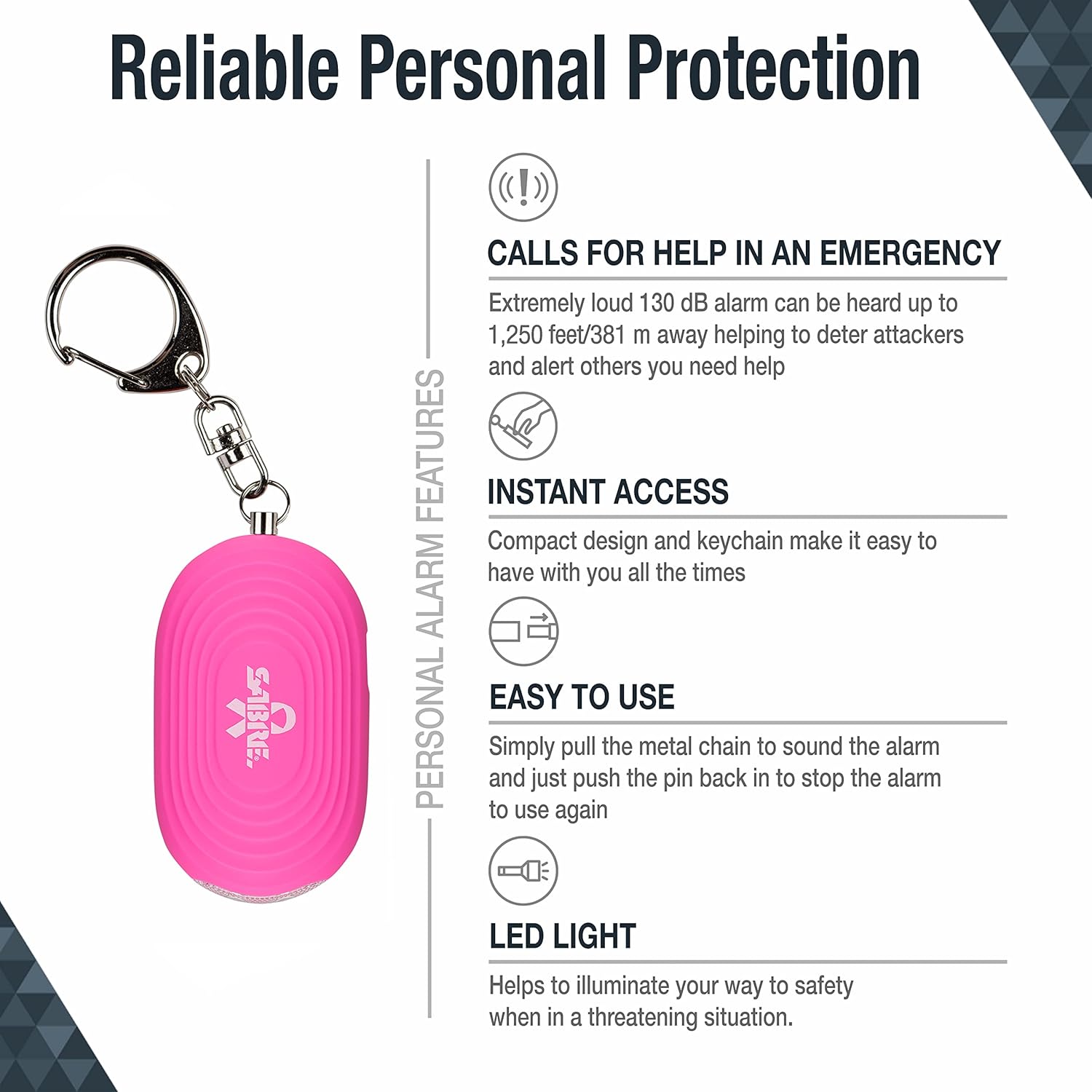 SABRE Alarma personal 2 en 1 con luz LED, sirena de seguridad personal de 130 dB, gancho a presión para acceso instantáneo, rango de 1,250 pies,