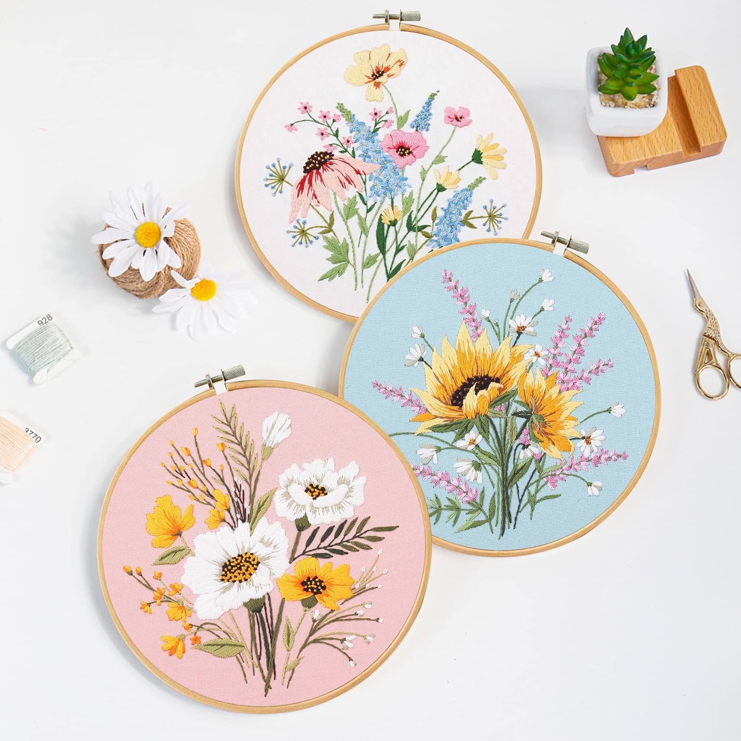 Santune Paquete de 4 bordados de flores para principiantes y adultos, kits de punto de cruz para principiantes bordado a mano con patrones de