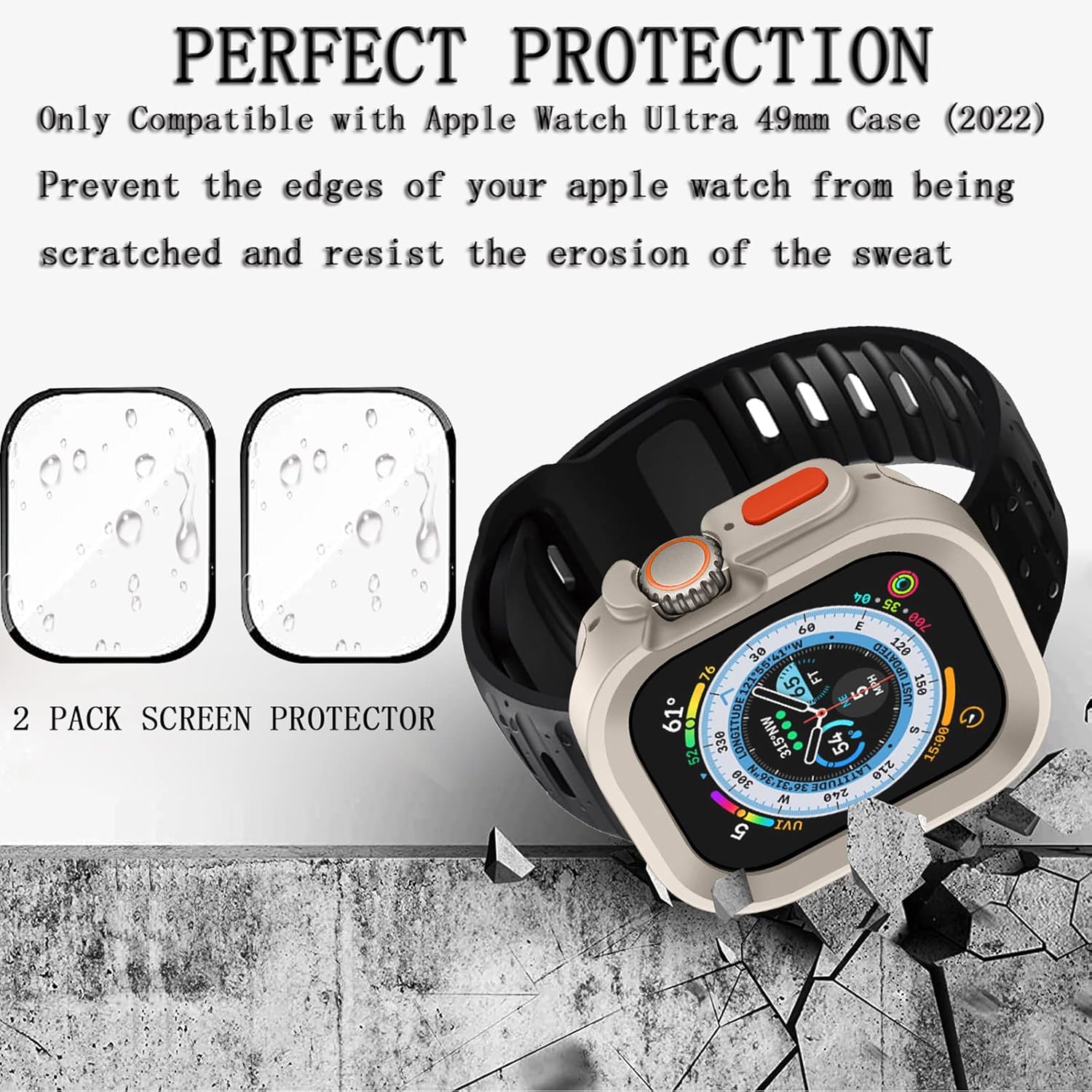 Funda compatible con Apple Watch Ultra de 1.732 pulgadas con 2 vidrios templados, funda protectora de TPU suave con protector de pantalla para