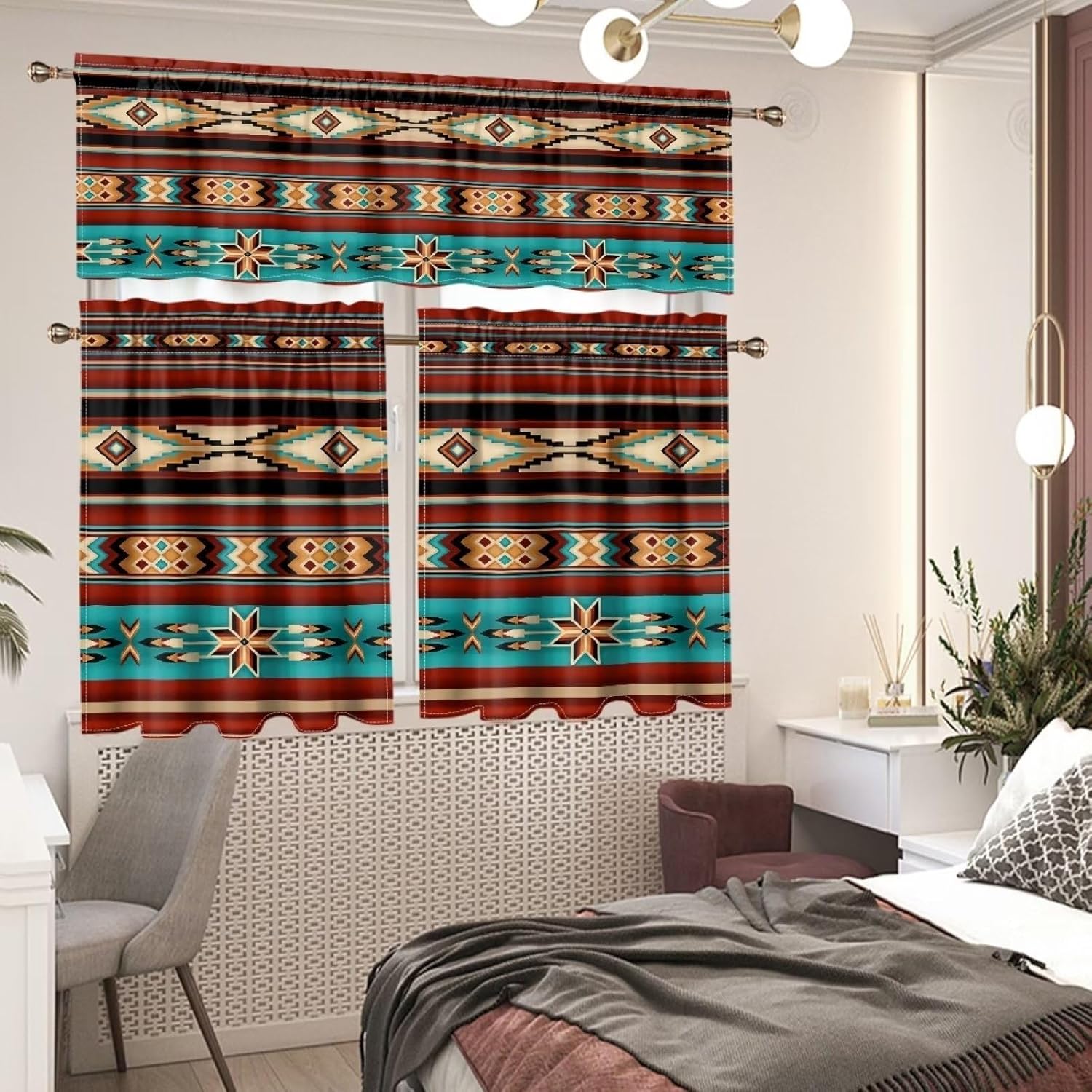 Gomyblomy Azteca – Juego de cortinas y cortinas con bolsillo para barra, juego de 3 cortinas de cocina, elegante y lavable, decoración del hogar,