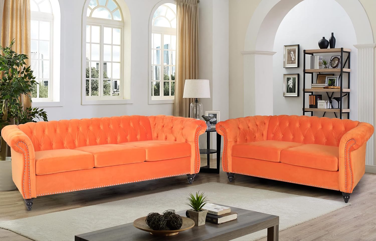 RARZOE Moderno juego de sofá de 2 piezas, naranja, espuma, sofá biplaza y sofá Chesterfield