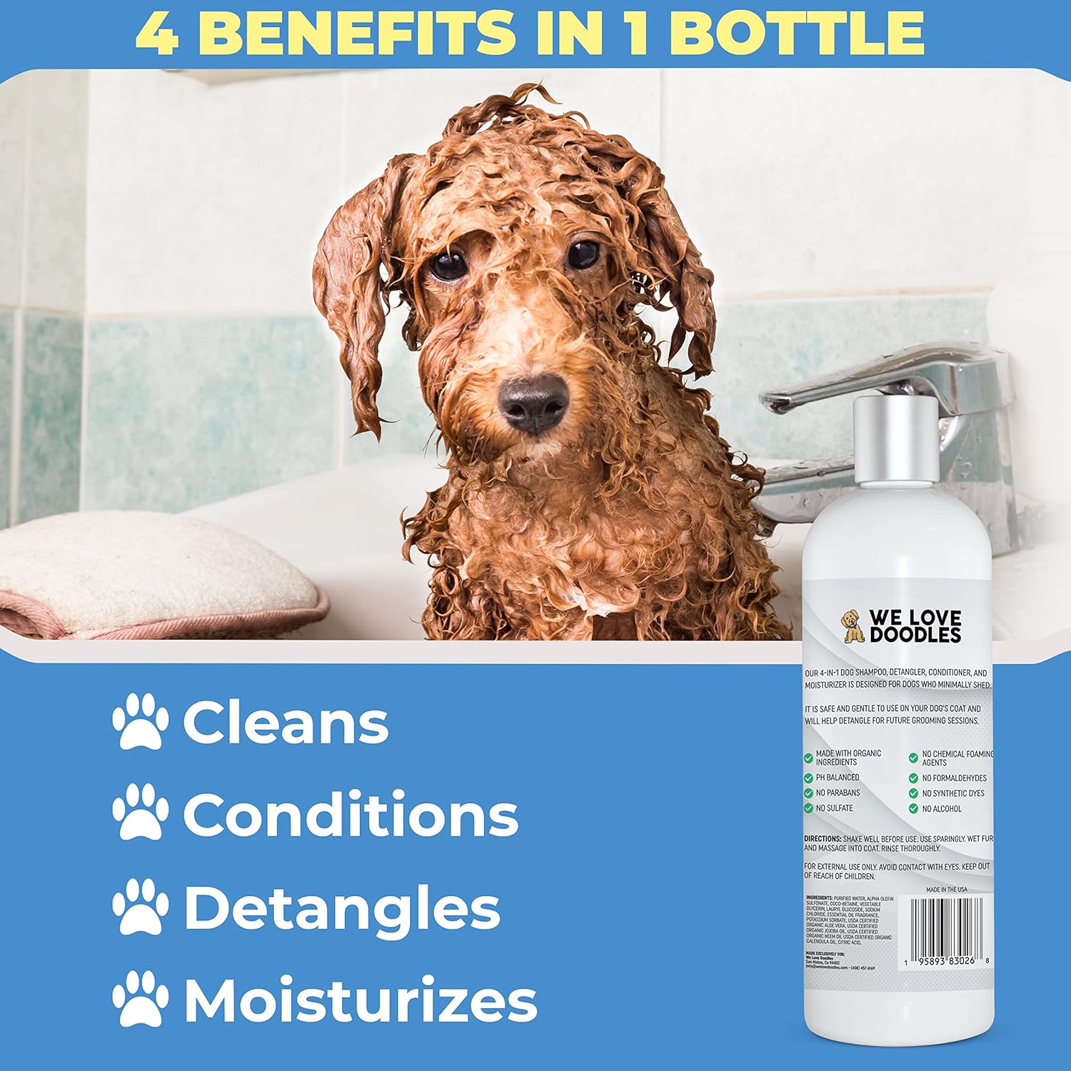 We Love Doodles Juego combinado de champú y desenredante en aerosol 4 en 1 para perros, fabricado en Estados Unidos, ingredientes orgánicos, kit de