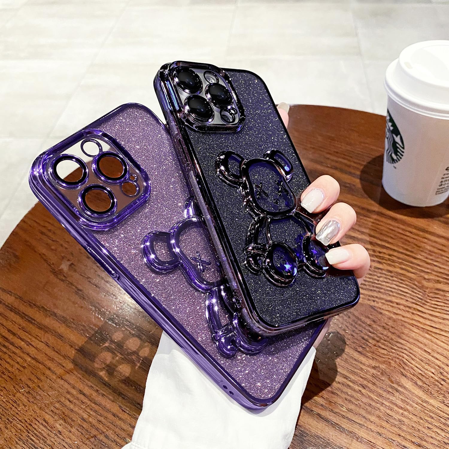 MANLENO Funda galvanizada con diseño de oso 3D para iPhone 15 Pro Max para mujer, funda protectora de cuerpo completo con purpurina flotante y