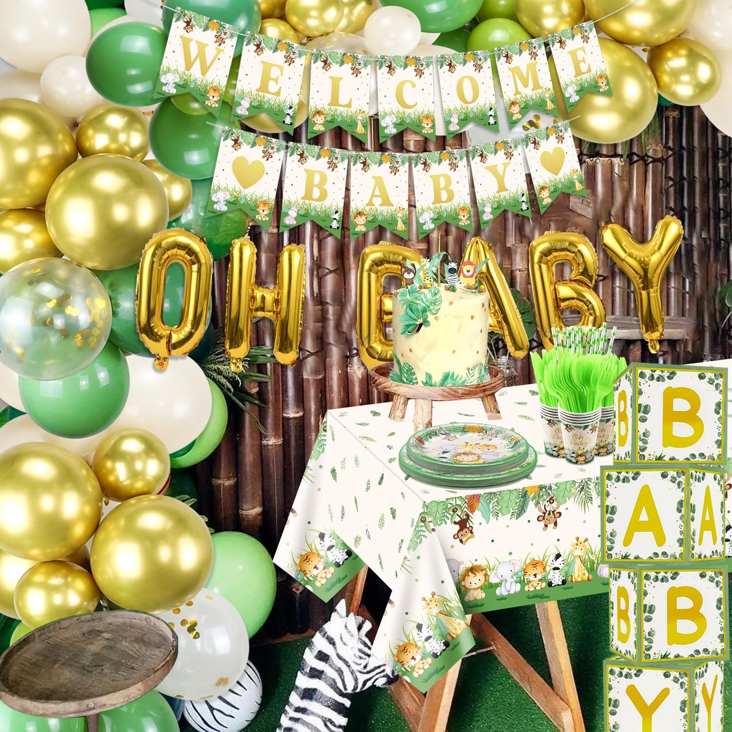 Decoraciones de fiesta de baby shower, pancarta de bienvenida para bebé, platos de animales de la selva, servilletas, vasos, arco de globos, mantel