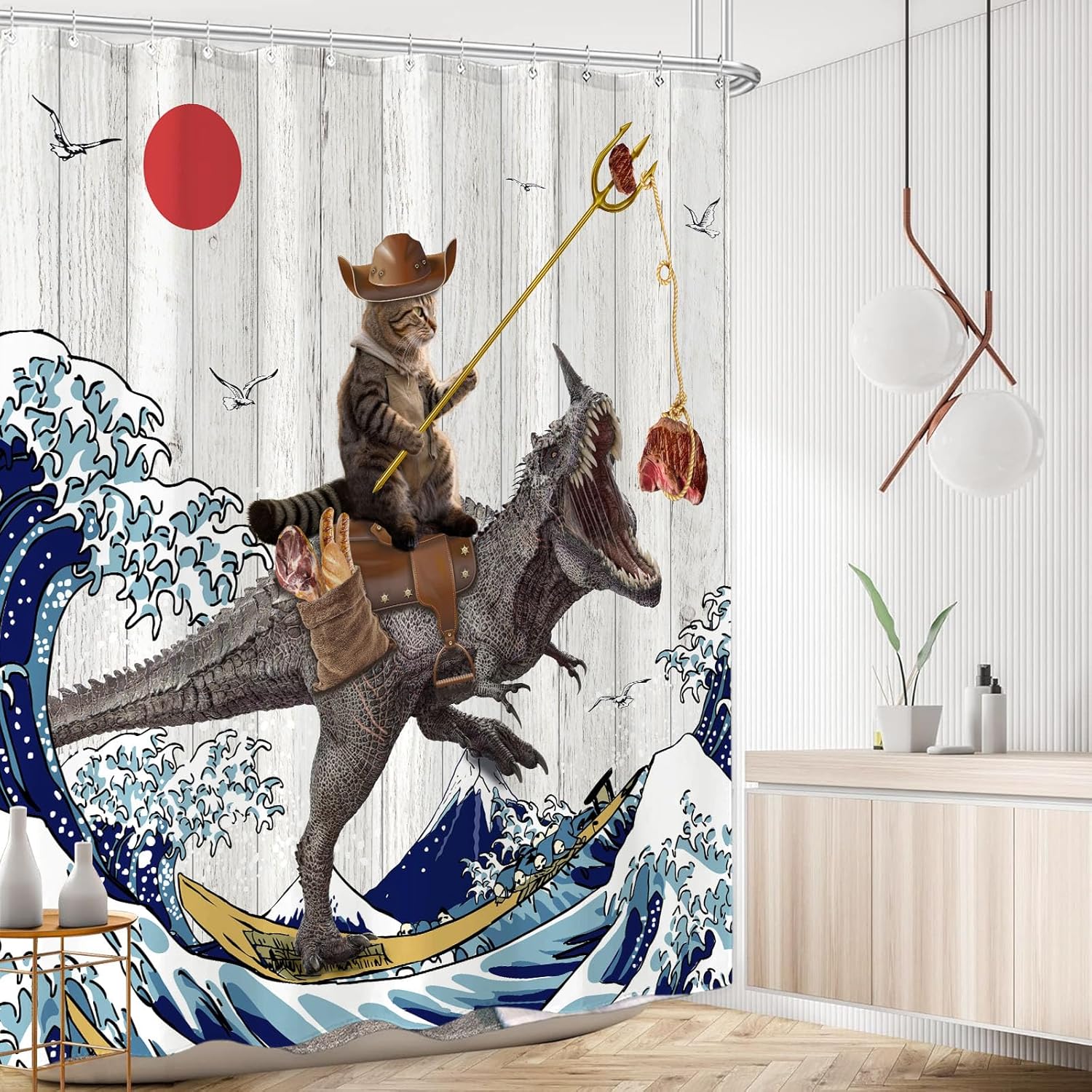 Fowocu Divertida cortina de ducha de dinosaurio con diseño de gato japonés con ondas oceánicas, cortinas de ducha de tela impermeable para baño de