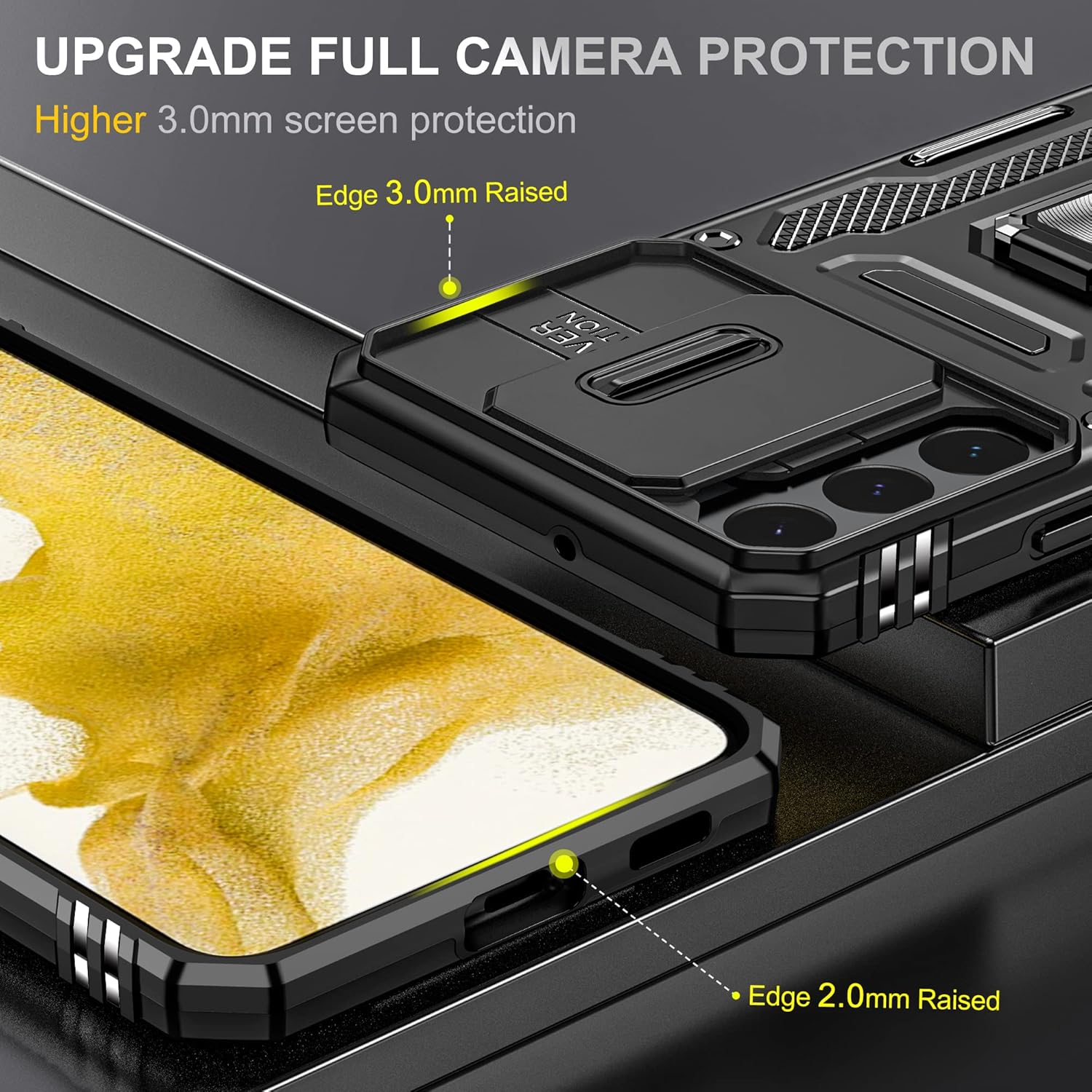 ZenRich Funda resistente para Samsung Galaxy S22 con cubierta deslizante para cámara y soporte, funda protectora de doble capa de grado militar