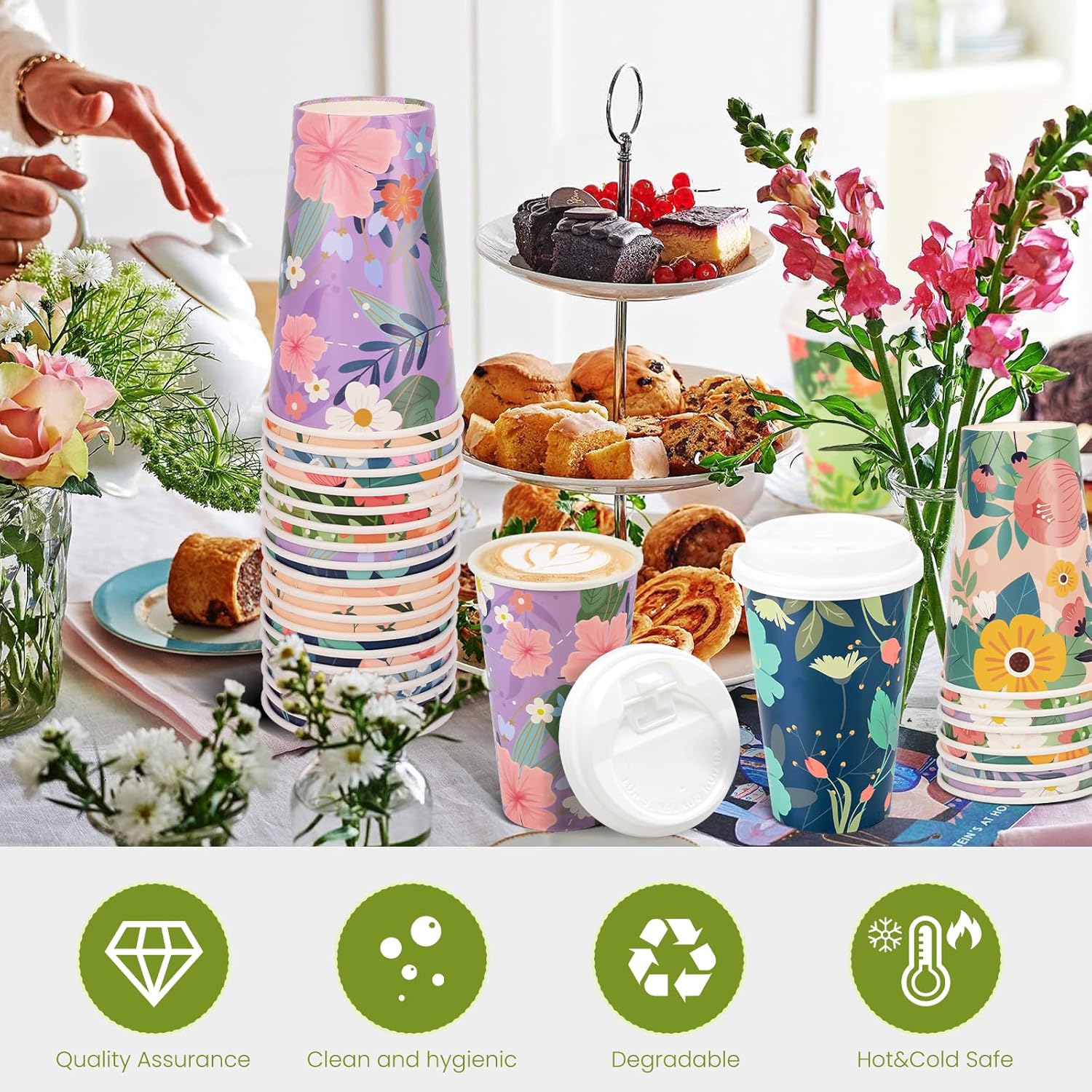 BYMIOYA Vaso de papel desechable de primavera de 16 onzas, 48 piezas con tapas, 6 tazas de papel para beber con diseño floral de primavera para