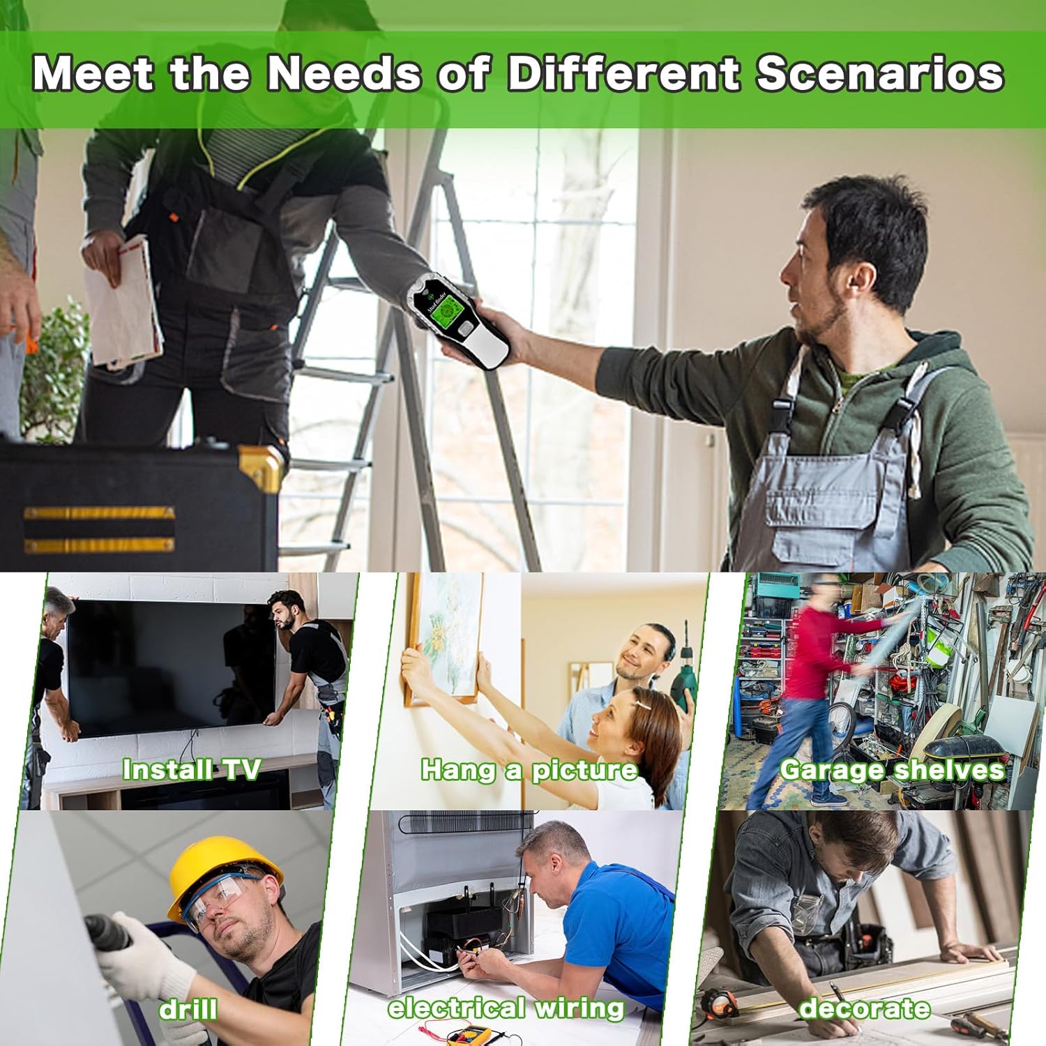 Escáner de pared 6 en 1, herramienta multifunción con sensor inteligente mejorado, pantalla LCD y alarma de audio para el centro y borde de metal,