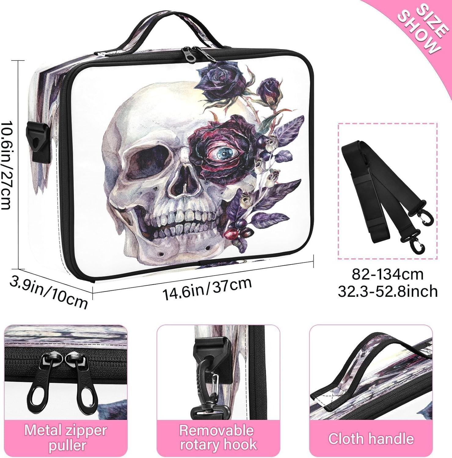 Skull Happy Halloween Evil Eye Bolsa de cosméticos negra de gran capacidad para artículos de tocador de viaje, bolsas de maquillaje para mujeres,