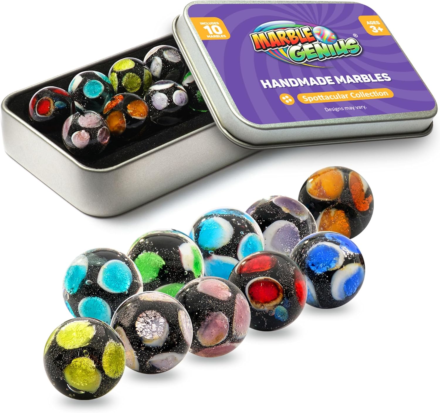 Marble Genius Canicas para coleccionistas, manchas, 0.630 in, juego de 10 canicas de coleccionista de vidrio coloridas hechas a mano, regalos para