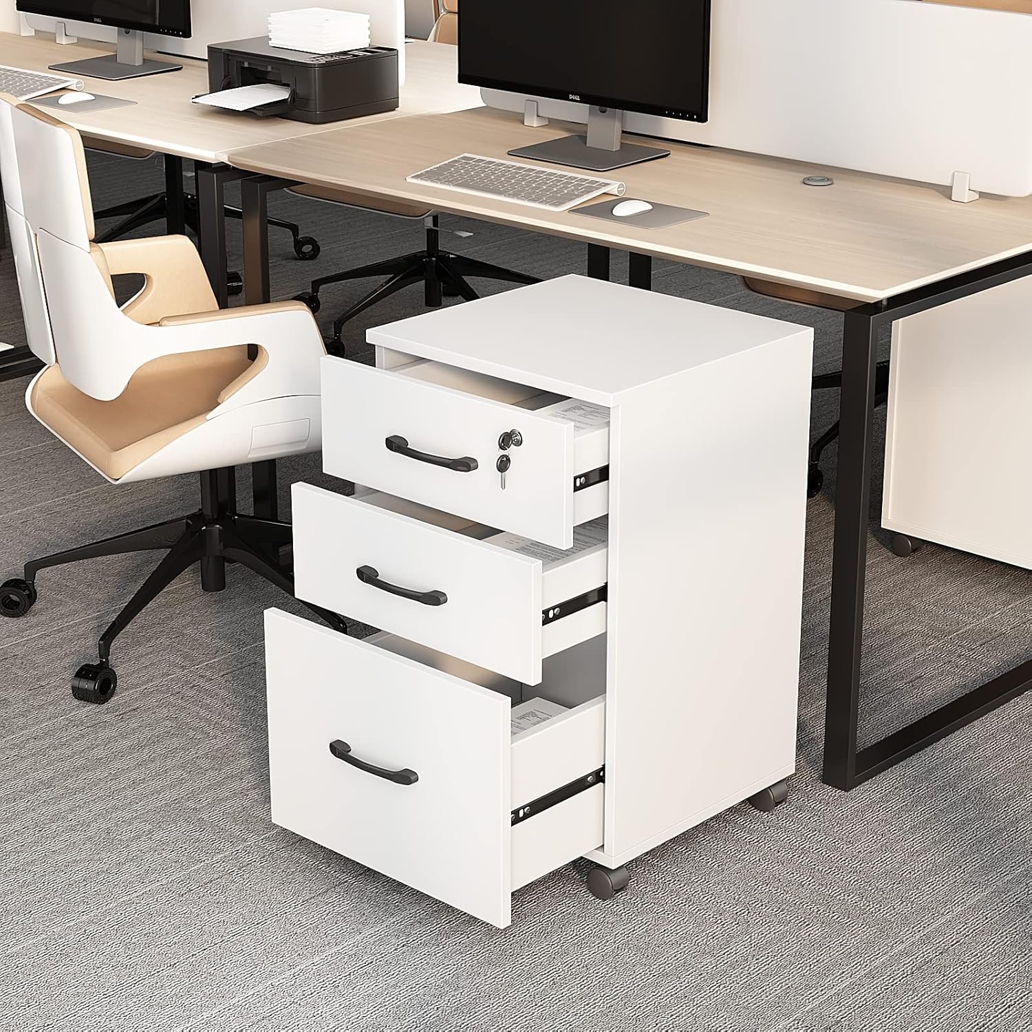 Archivador móvil de 3 cajones con cerradura, gabinete de llenado vertical blanco sobre ruedas, pequeño archivador rodante, gabinete debajo del