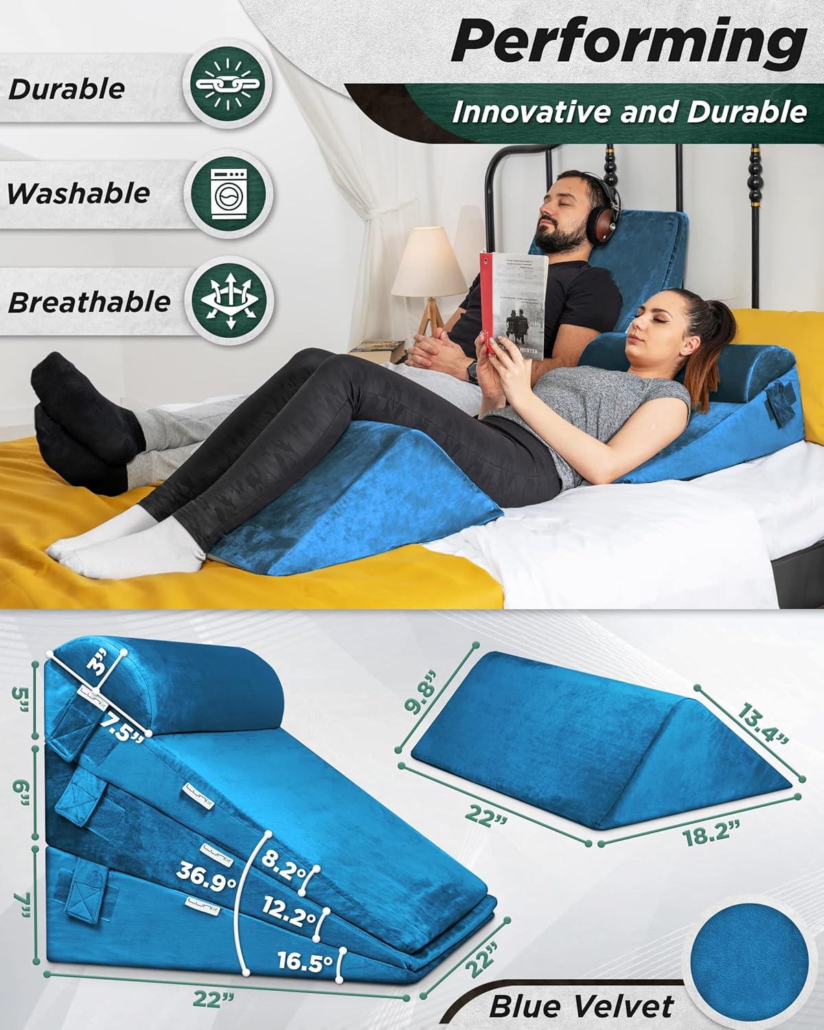 Lunix Juego de 5 almohadas ortopédicas de cuña para cama, espuma viscoelástica poscirugía para aliviar el dolor de espalda, piernas y rodillas,