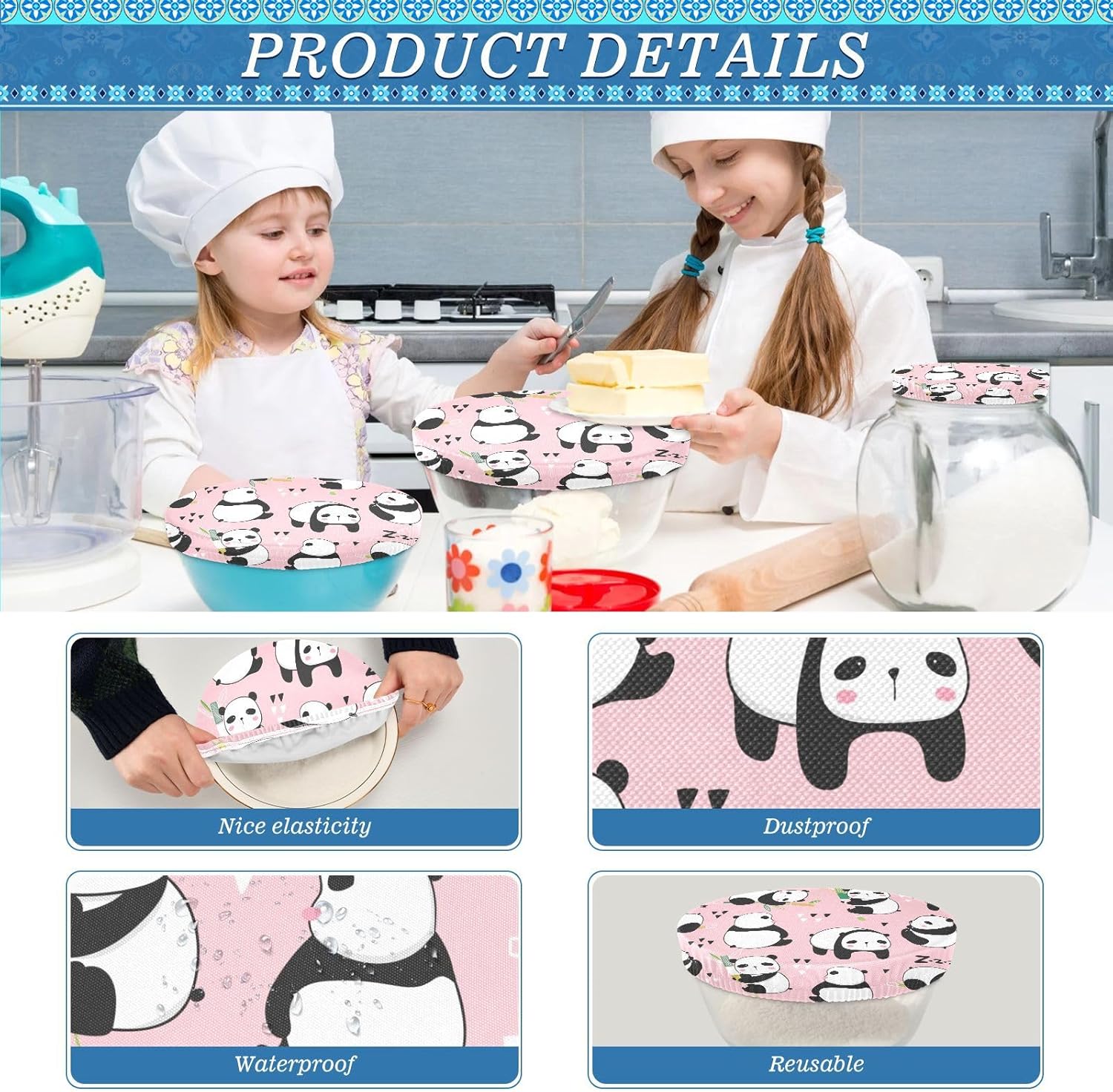 Panda – 5 fundas elásticas reutilizables para tazones para almacenamiento de alimentos, tapas de tela elástica con 5 tamaños diferentes de tapas de