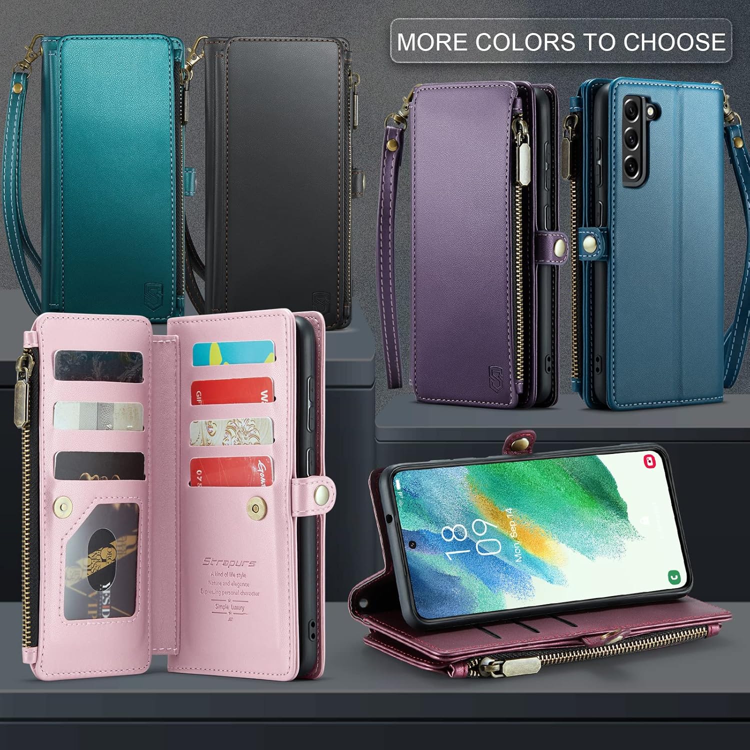 Funda compatible con Samsung Galaxy S21 FE 5G con tarjetero, bloqueo RFID, cremallera, para Galaxy S21 FE, funda magnética de piel sintética para
