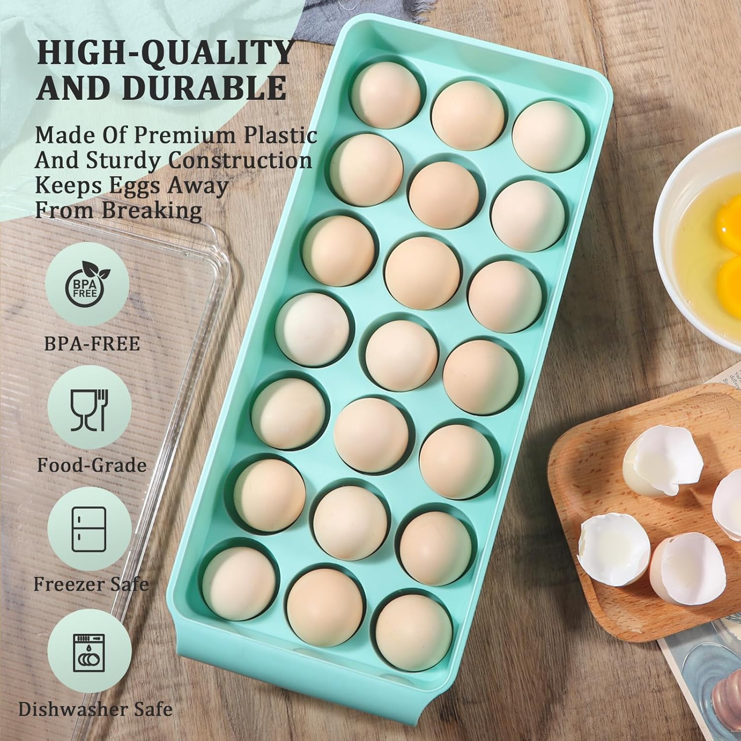 CherHome Contenedor de huevos para refrigerador, soporte de huevos de plástico, 21 unidades, contenedor de almacenamiento de huevos, organizador de